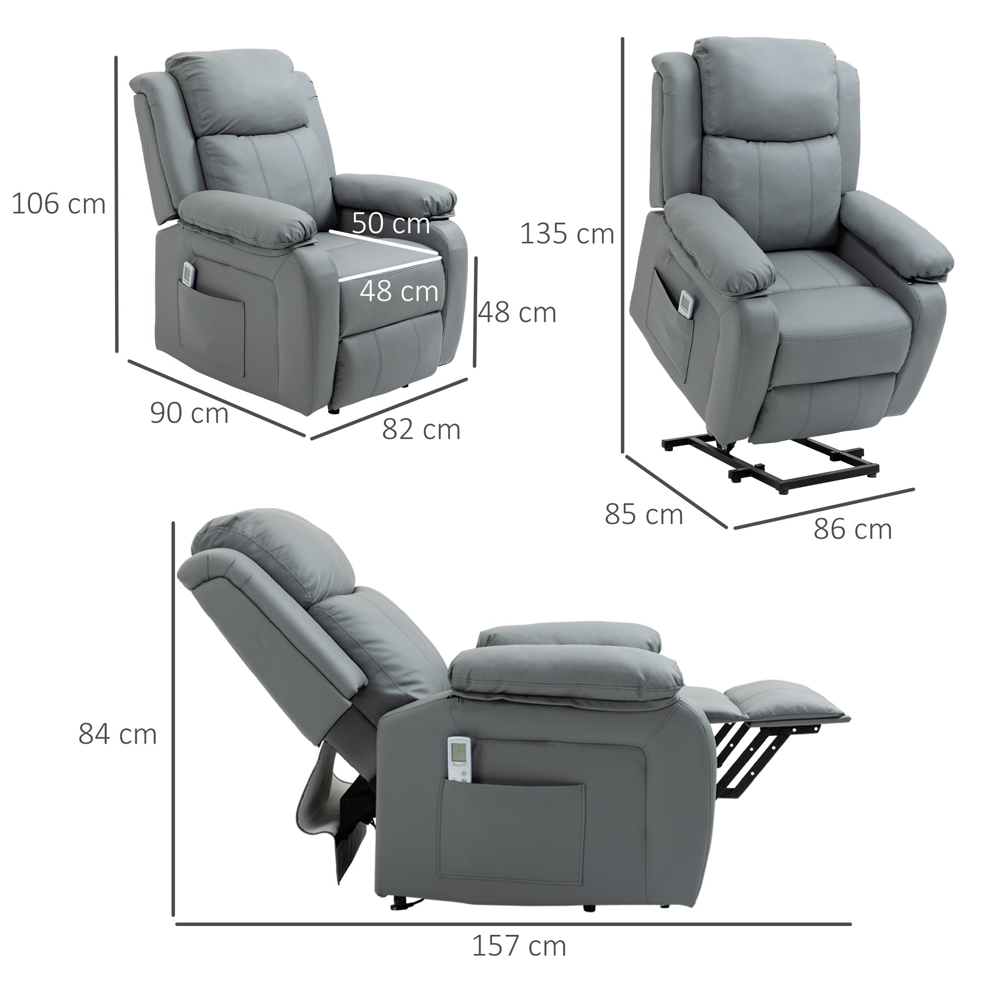 HOMCOM Electric Power Lift Recliner Chair Vibration Massage Reclining Chair with Remote Control and Side Pocket, Grey - North Peak Garden Furniture