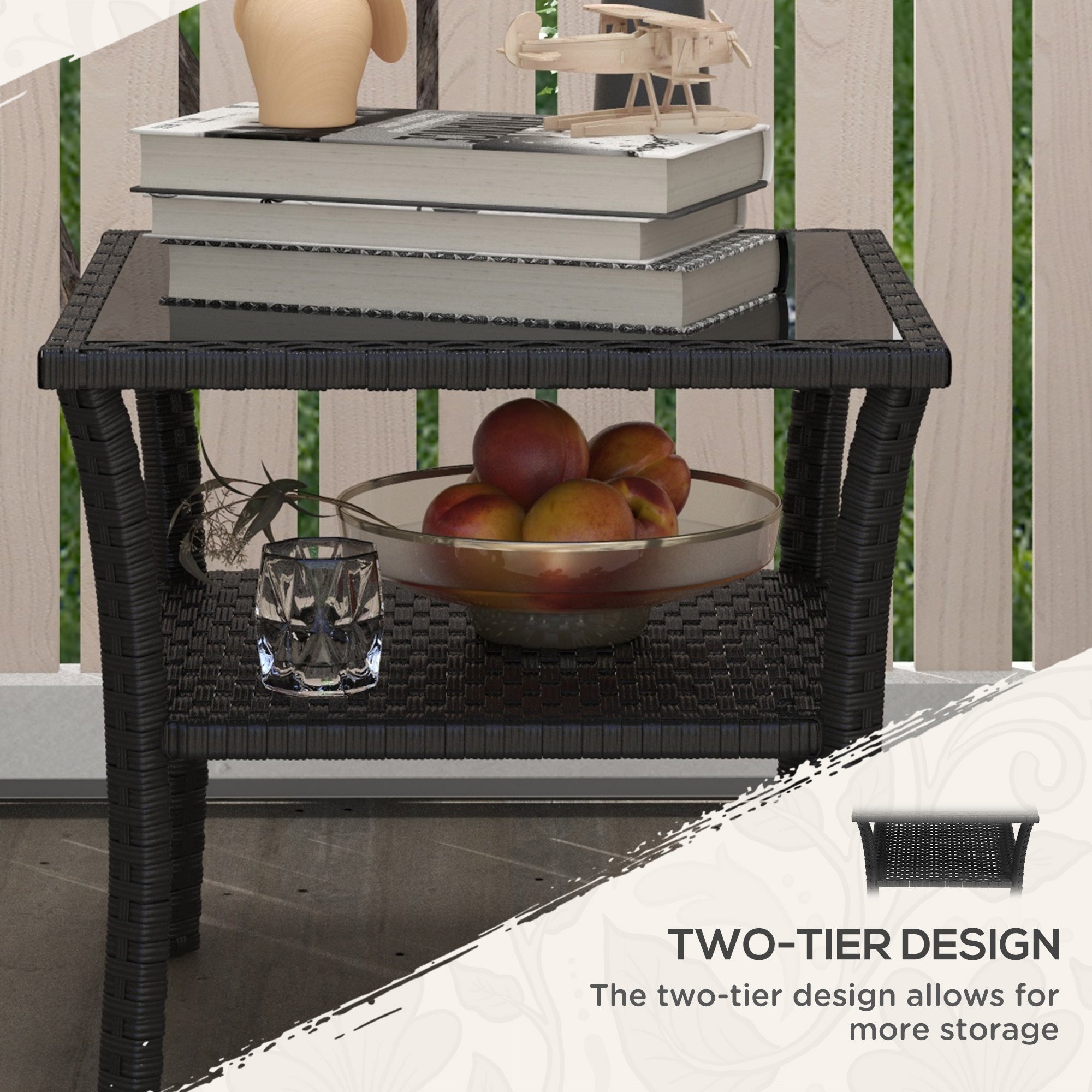 Outsunny Two-tier PE Rattan Square Coffee Table - Black - North Peak Garden Furniture