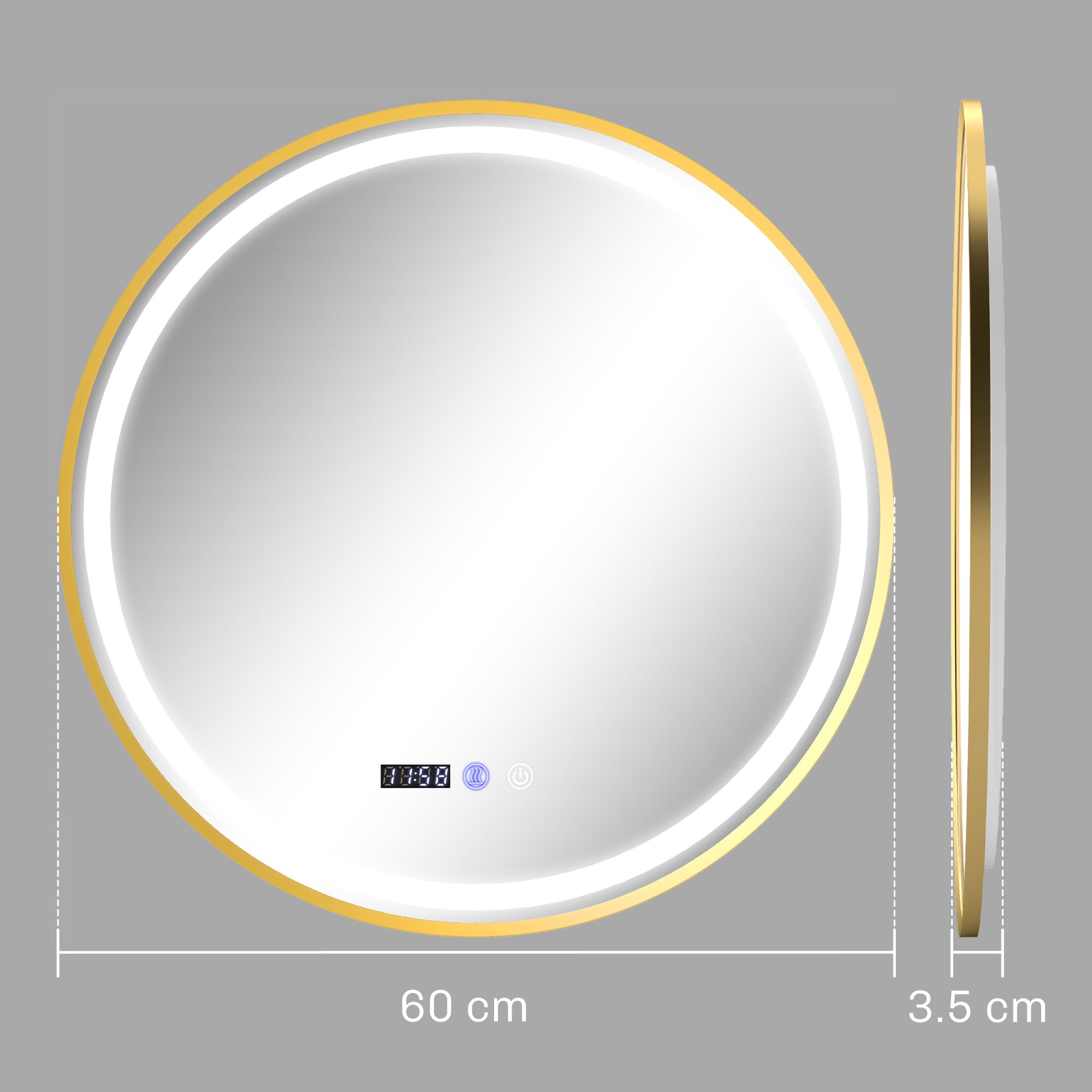 HOMCOM Round Bathroom Mirror with LED Lights, 600mm Backlit Illuminated Bathroom Mirror, Dimmable Wall Mounted Vanity Mirror with Demister Pad, Touch Switch, Time and Temp Display, Gold Tone - North Peak Garden Furniture