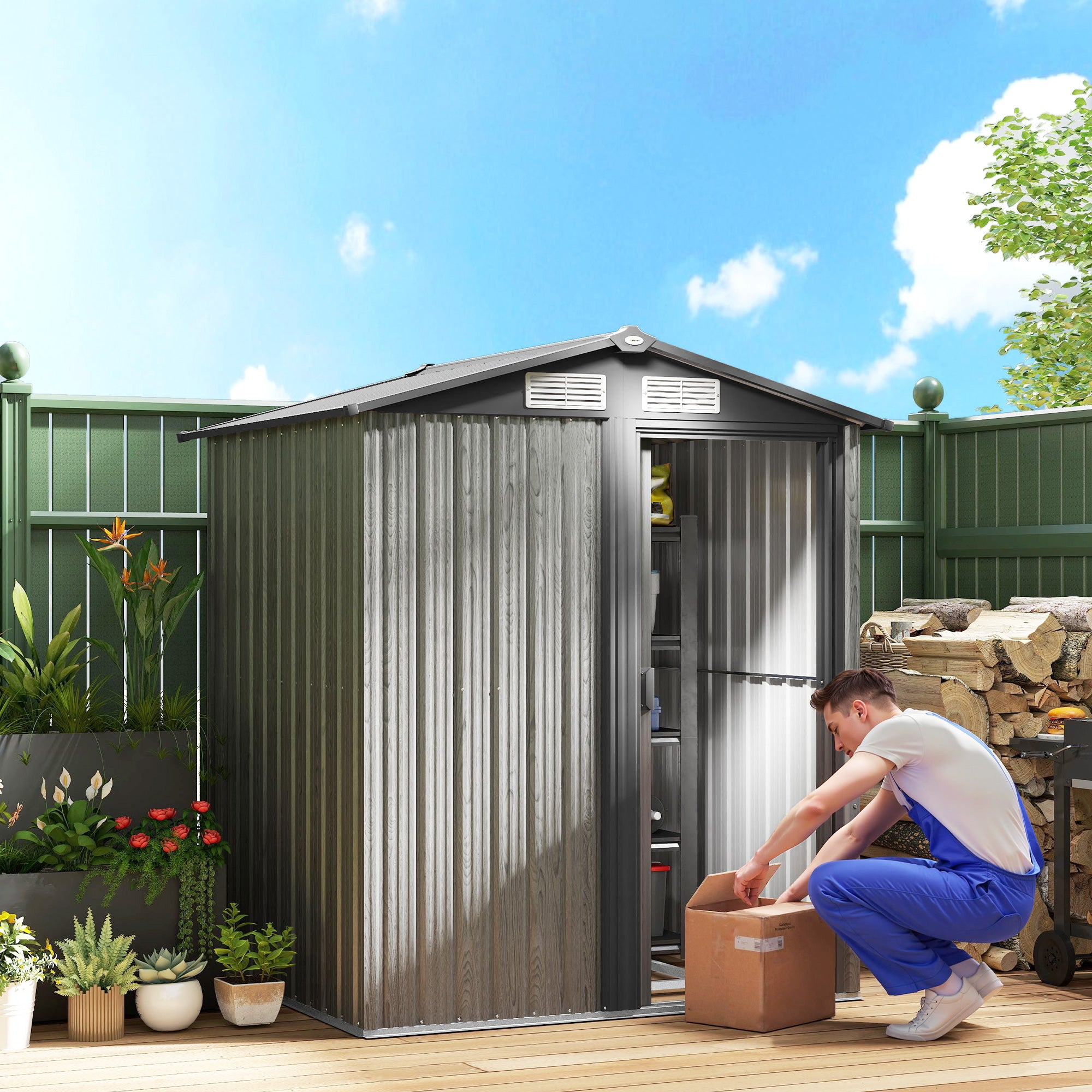 Outsunny 4.3 x 5ft Outdoor Garden Storage Shed - Grey Wood Effect - North Peak Garden Furniture