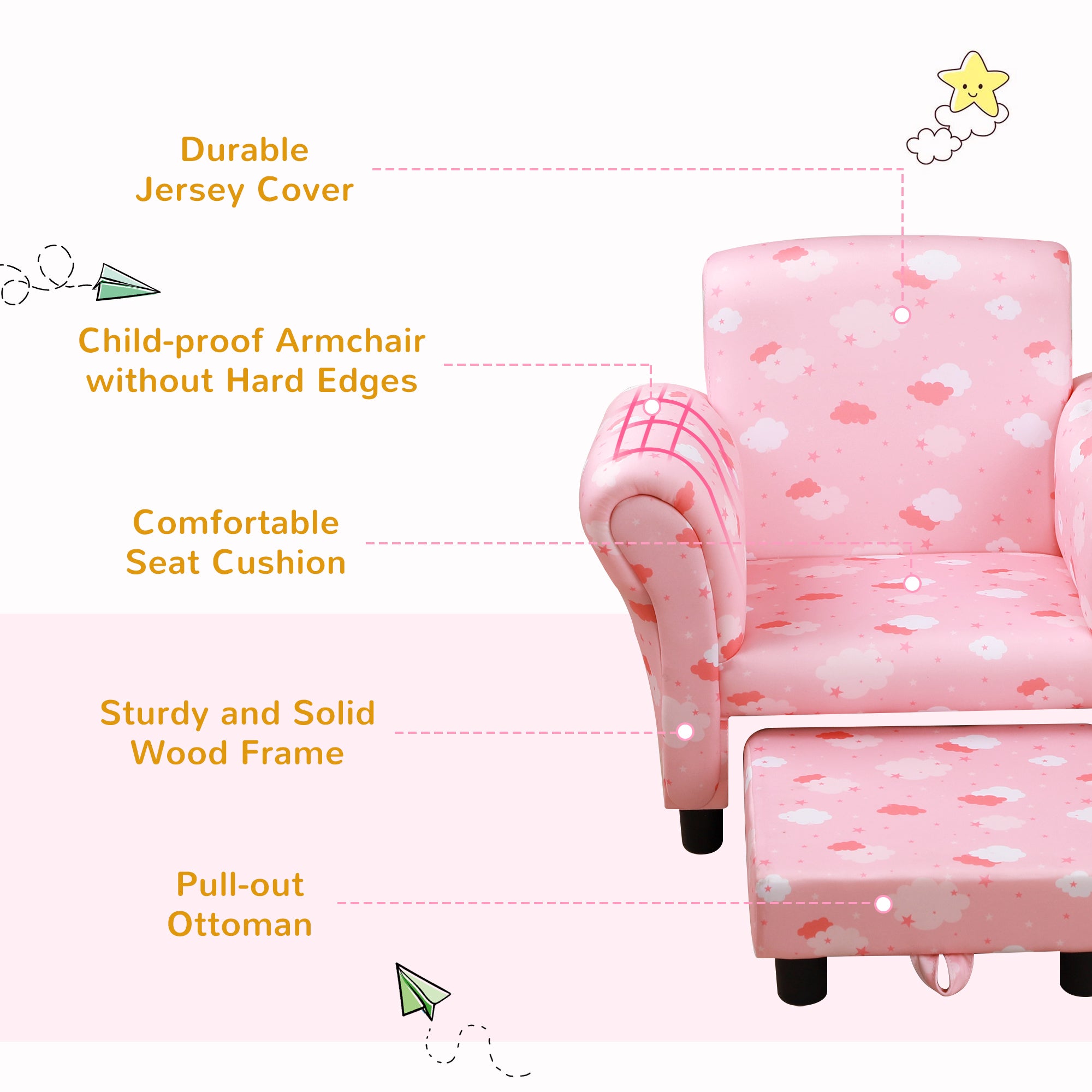HOMCOM Toddler Chair Children's Armchairs Wood Frame w/ Footrest Anti-Slip Legs High Back Arms for Bedroom Playroom Cute Cloud Star Pink - North Peak Garden Furniture