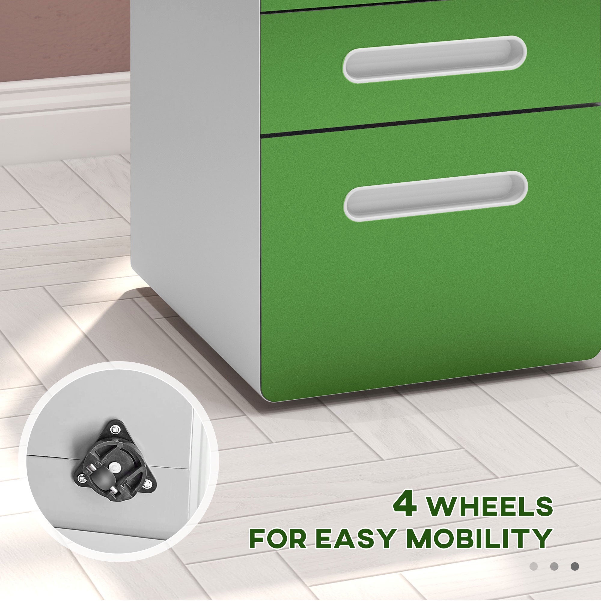Vinsetto 3 Drawer Filing Cabinet, Steel Lockable File Cabinet with Lock and Wheels, for A4, Letter, Legal Sized Files, Green - North Peak Garden Furniture