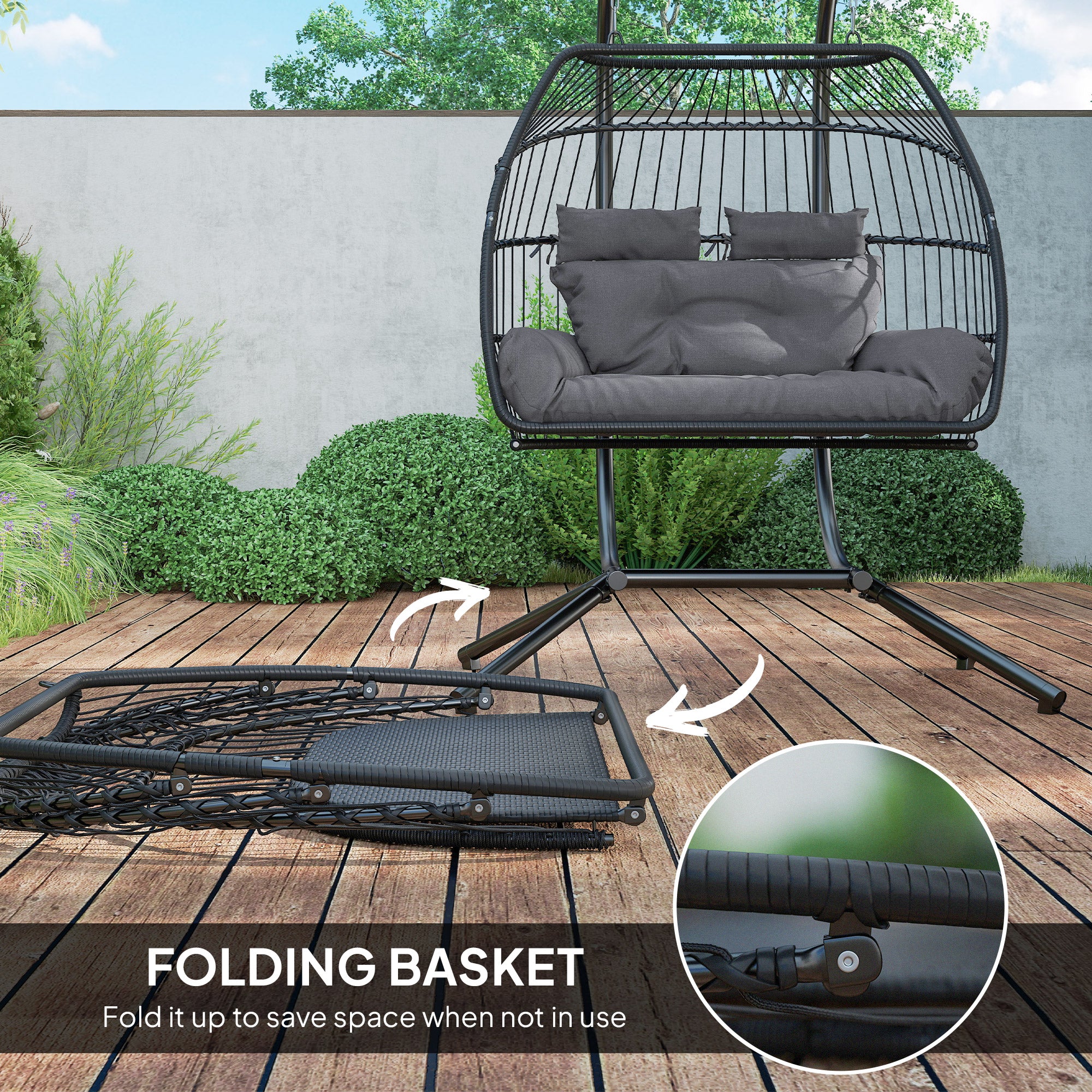 Outsunny Rattan Double Hanging Egg Chair with Stand, Foldable Wicker Swing Egg Chair with Cushion, Head Pillows, Steel Frame, Hammock Chair for Indoor Outdoor, Capacity 260 kg, Dark Grey - North Peak Garden Furniture