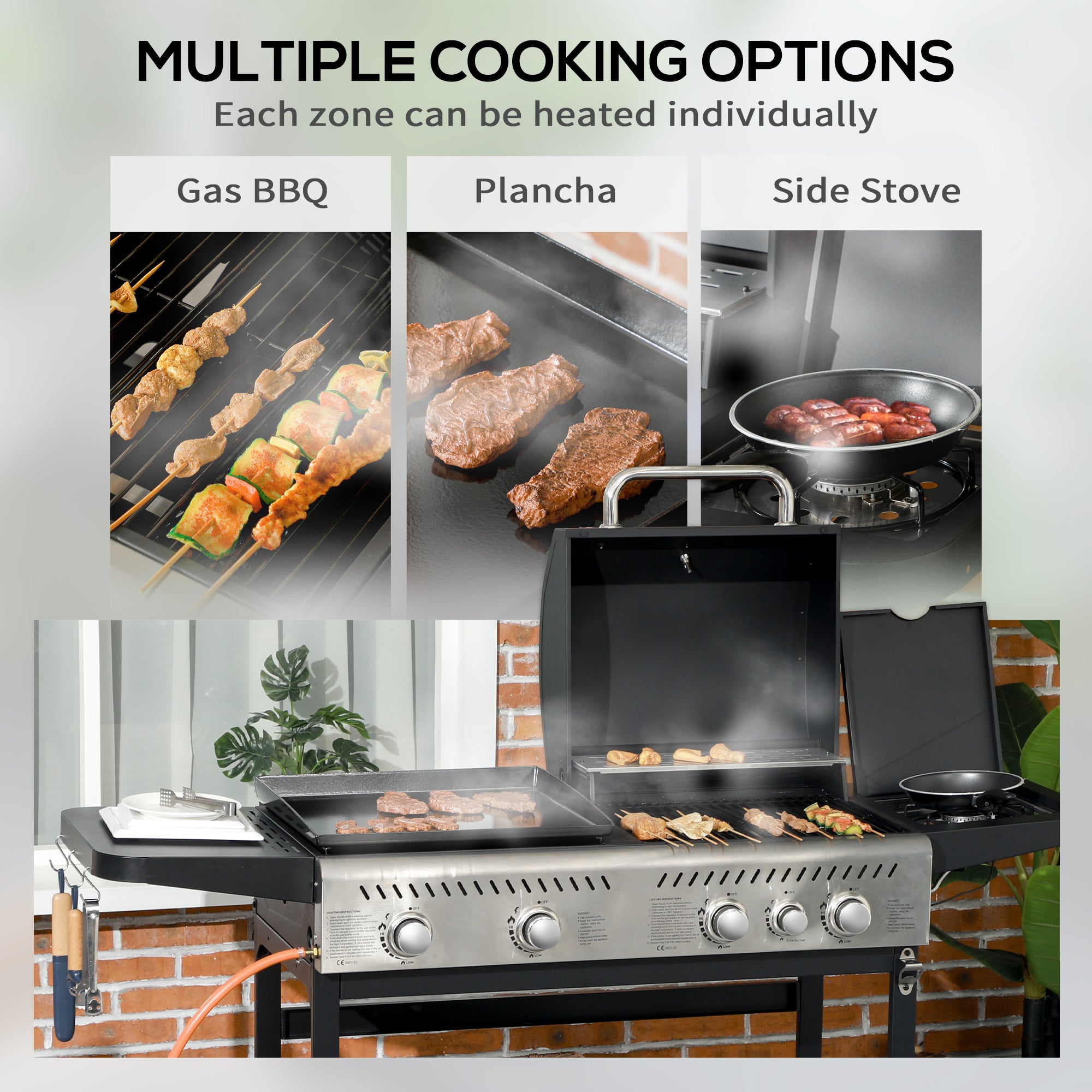 Outsunny 15kW Deluxe Duo Gas BBQ, with Grill, Plancha and Side Burner - Black - North Peak Garden Furniture