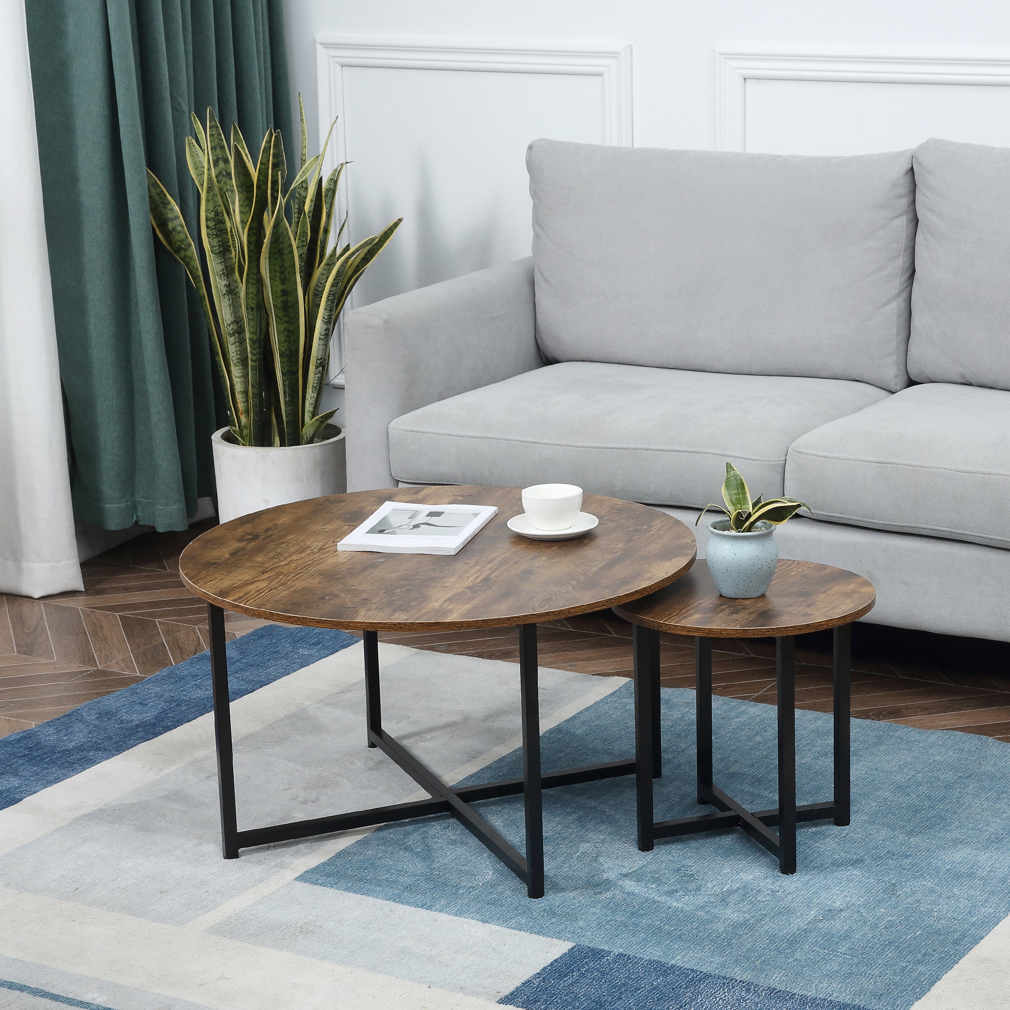HOMCOM Round Coffee Table, Set of 2 Side Table with Metal Frame, Industrial End Table for Living Room Bedroom, Rustic Brown - North Peak Garden Furniture