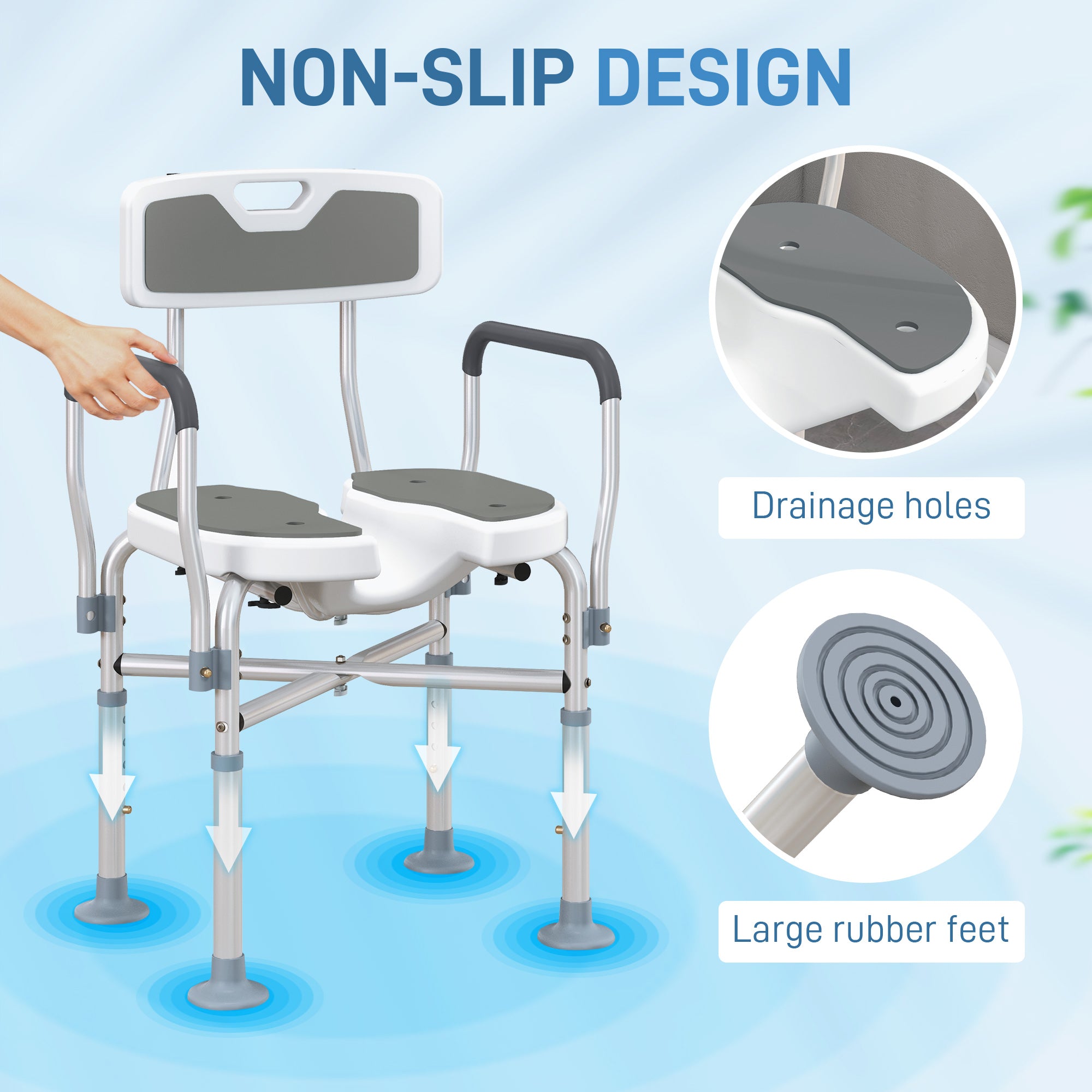 HOMCOM Shower Chair with Upgraded U-shaped Seat and Reinforced Crossbars, Height Adjustable Padded Bath Chair with Non-slip Feet for Elderly Seniors Disabled Handicap, Tool-Free Assembly, Grey - North Peak Garden Furniture