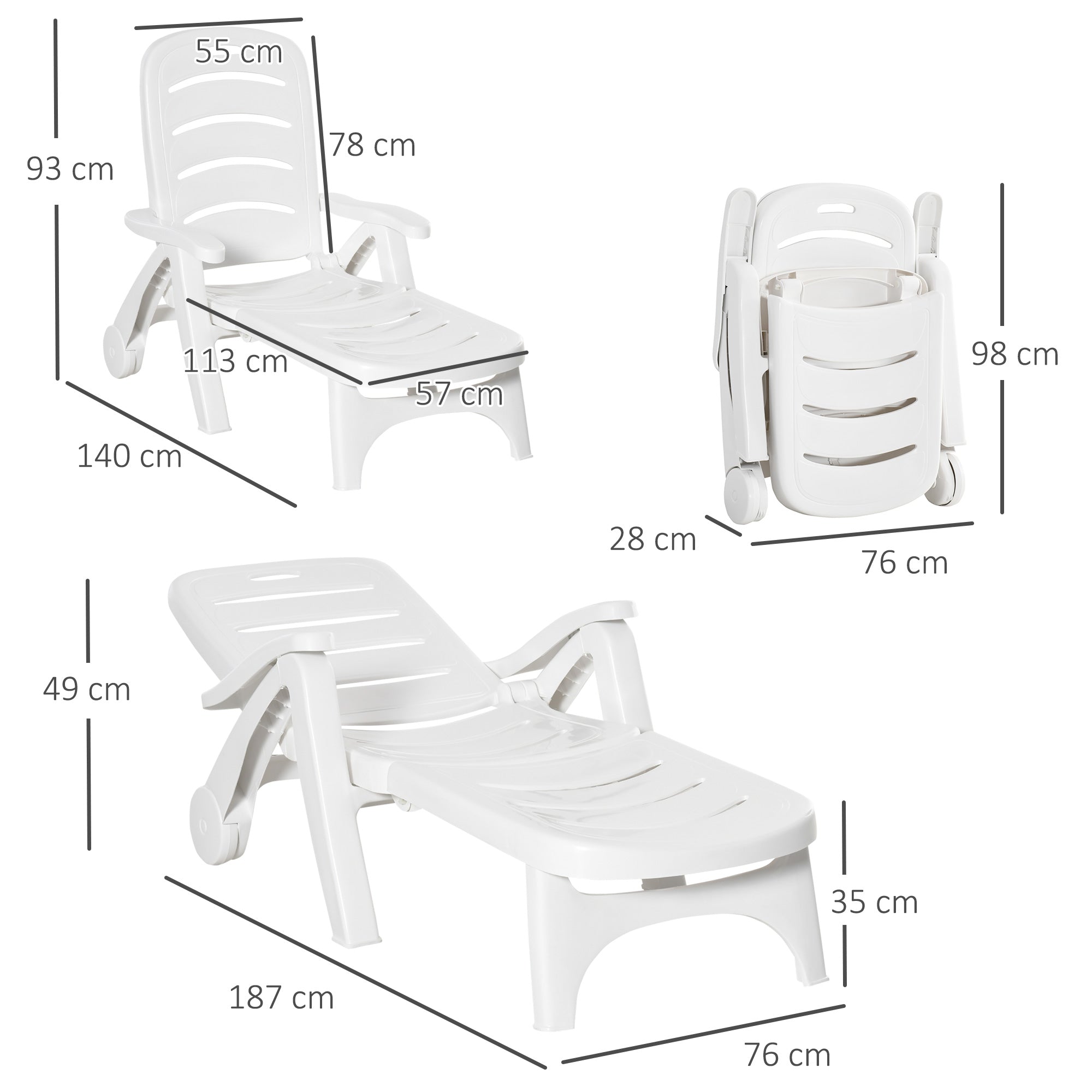 Outsunny Outdoor Folding Sun Lounger Recliner on Wheels w/ 5-Position Backrest, White - North Peak Garden Furniture