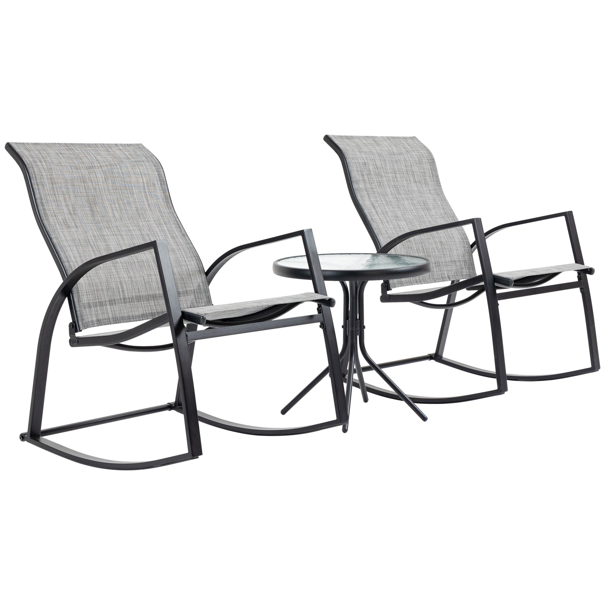 Outsunny Patio Bistro Set: 2 Rocking Chairs & Tempered Glass Table, Ideal for Garden & Poolside, Grey |