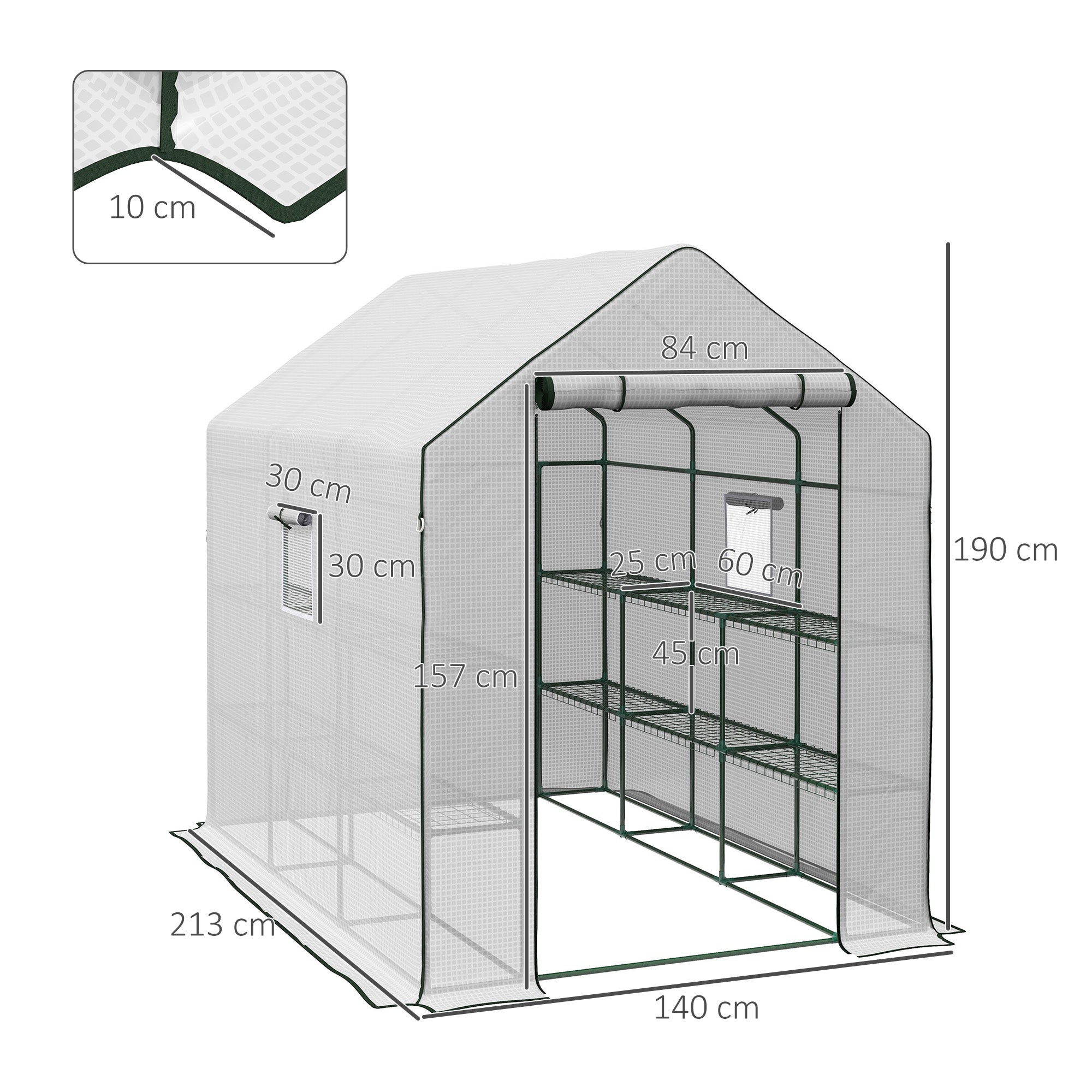 Outsunny Walk-in Greenhouse with PE Cover, 3 Tier Shelves, Roll-up Door & Mesh Windows, 140 x 213 x 190cm, White | Aosom UK