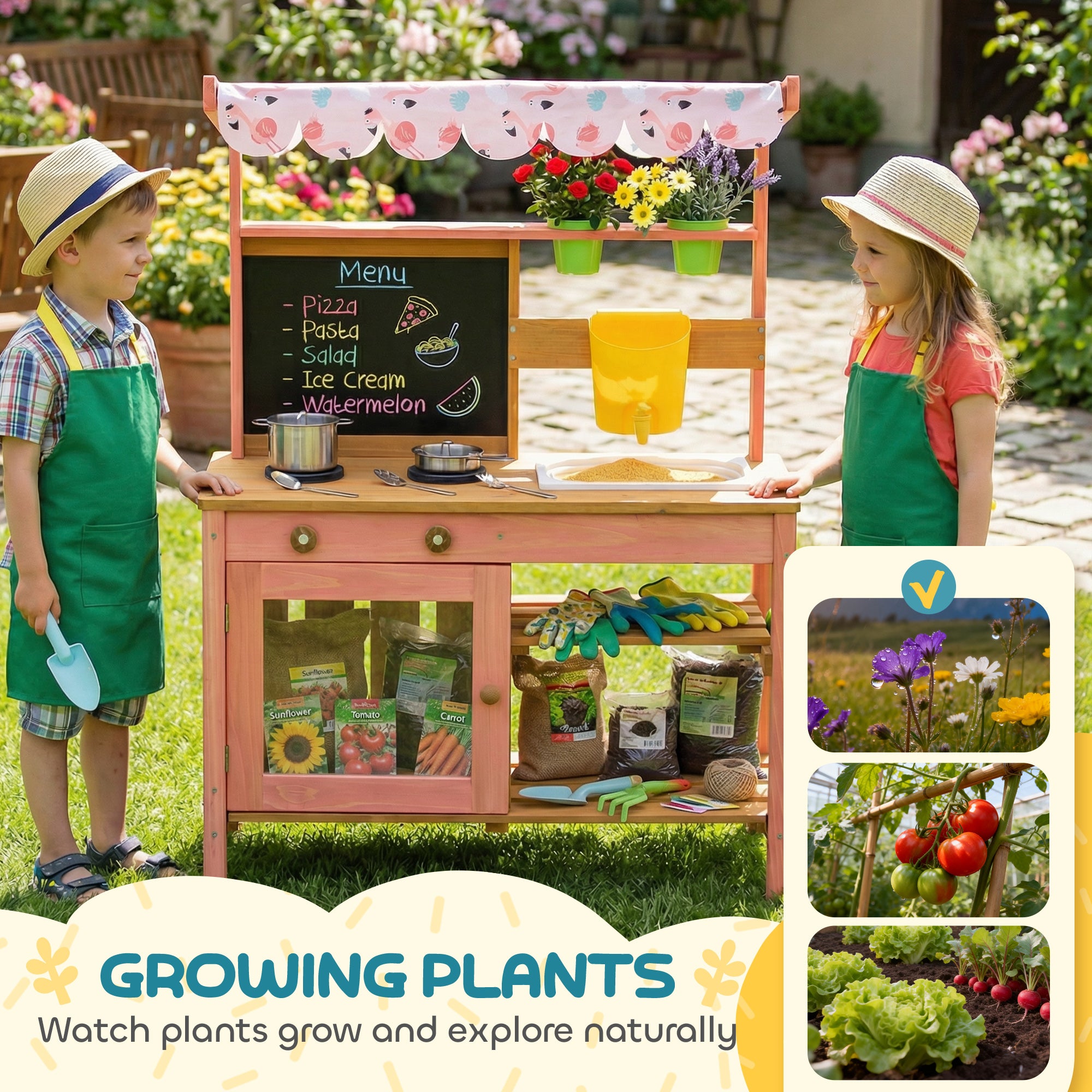 AIYAPLAY Kids Mud Kitchen with Canopy, Outdoor Wooden Play Kitchen with Planter Box, Accessories for Age 3-6, Pink