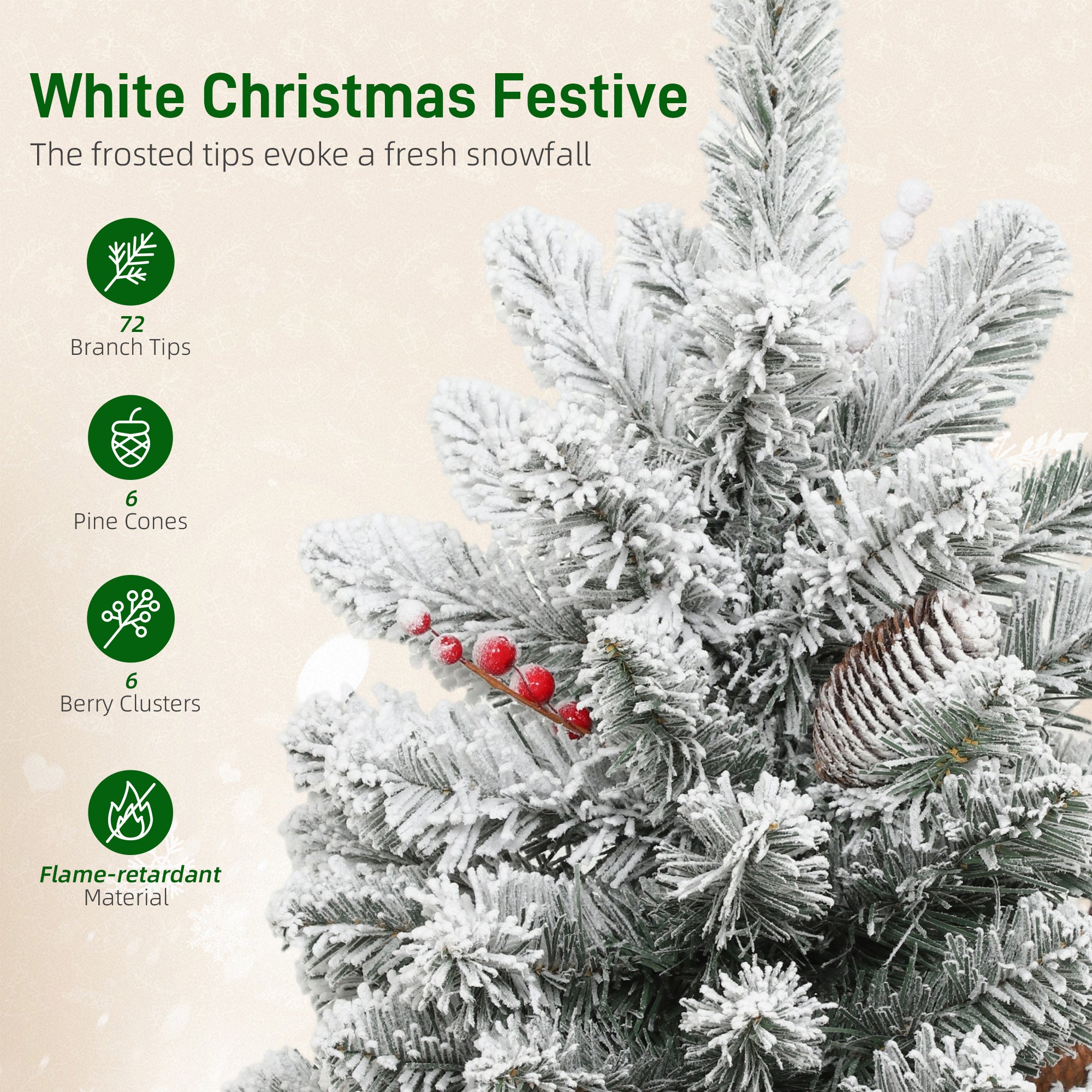 HOMCOM 60 cm Prelit Small Christmas Tree with 35 LED Lights, Snow Flocked Tabletop Mini Xmas Tree with 72 Dense Branches, Pine Cones, Berry Clusters and Linen Cover Base, Battery Operated, Green
