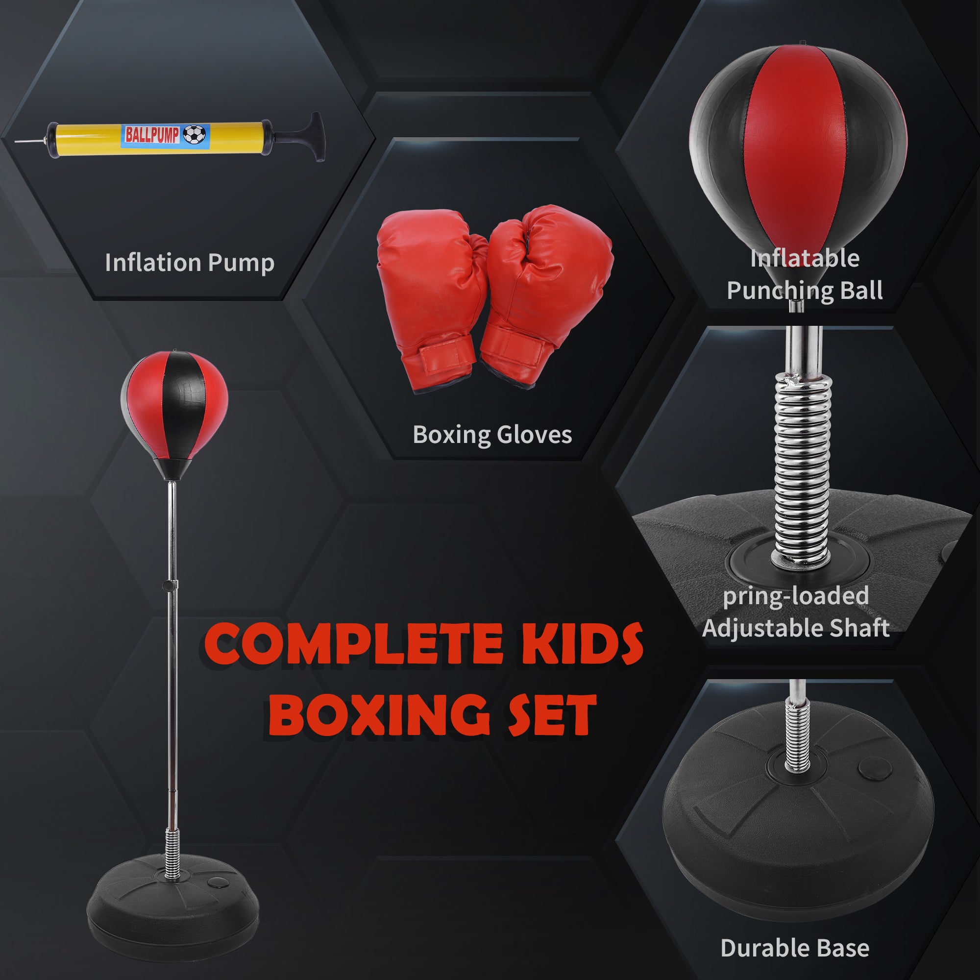 HOMCOM Kids Training Boxing Punch Ball Set 125-145H x Φ43cm with Gloves Air Pump Adjustable Height Freestanding Exercise Training for Kids and Teenagers - North Peak Garden Furniture