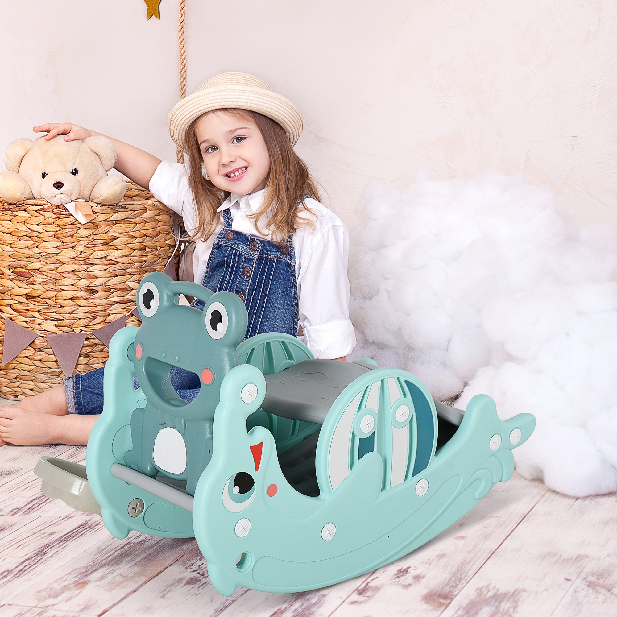 HOMCOM 3-in-1 Baby Rocking Horse Portable Slide Basketball Hoop Equipment Indoor Outdoor Playground Toy, Age 18-36 Months, Green - North Peak Garden Furniture