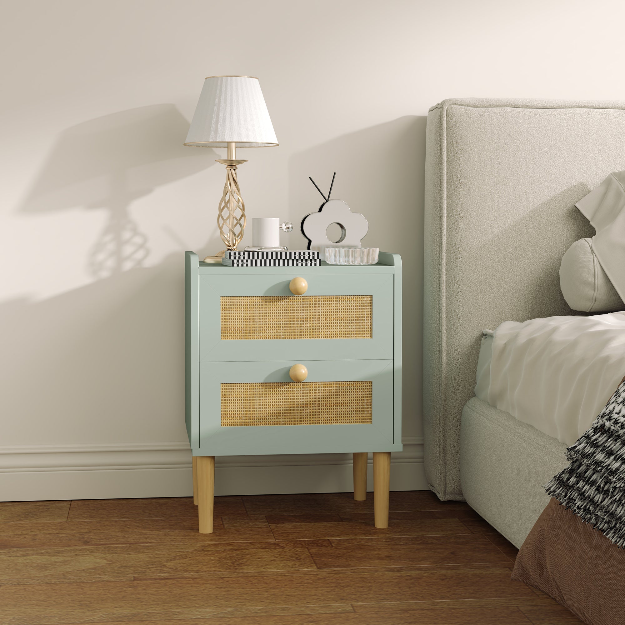 HOMCOM Bedroom Chest of Drawers, Boho Rattan Dresser with 2 Drawers, Storage Cabinet for Living Room, Hallway, Entryway, Olive Green - North Peak Garden Furniture
