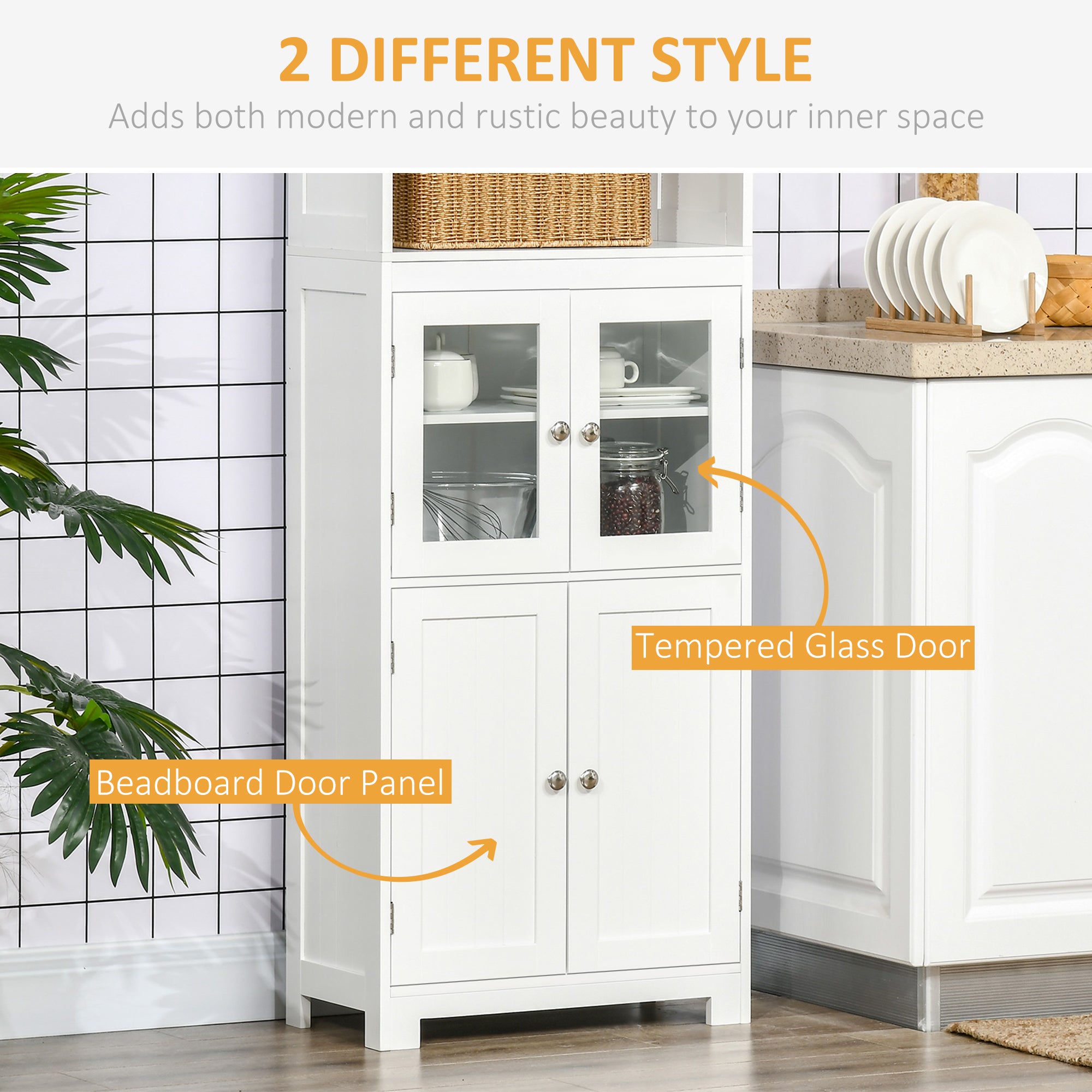 HOMCOM Freestanding Kitchen Cupboard, 4-Door Storage Cabinet with Adjustable Shelf and Glass Doors for Dining Room, Living Room, White - North Peak Garden Furniture