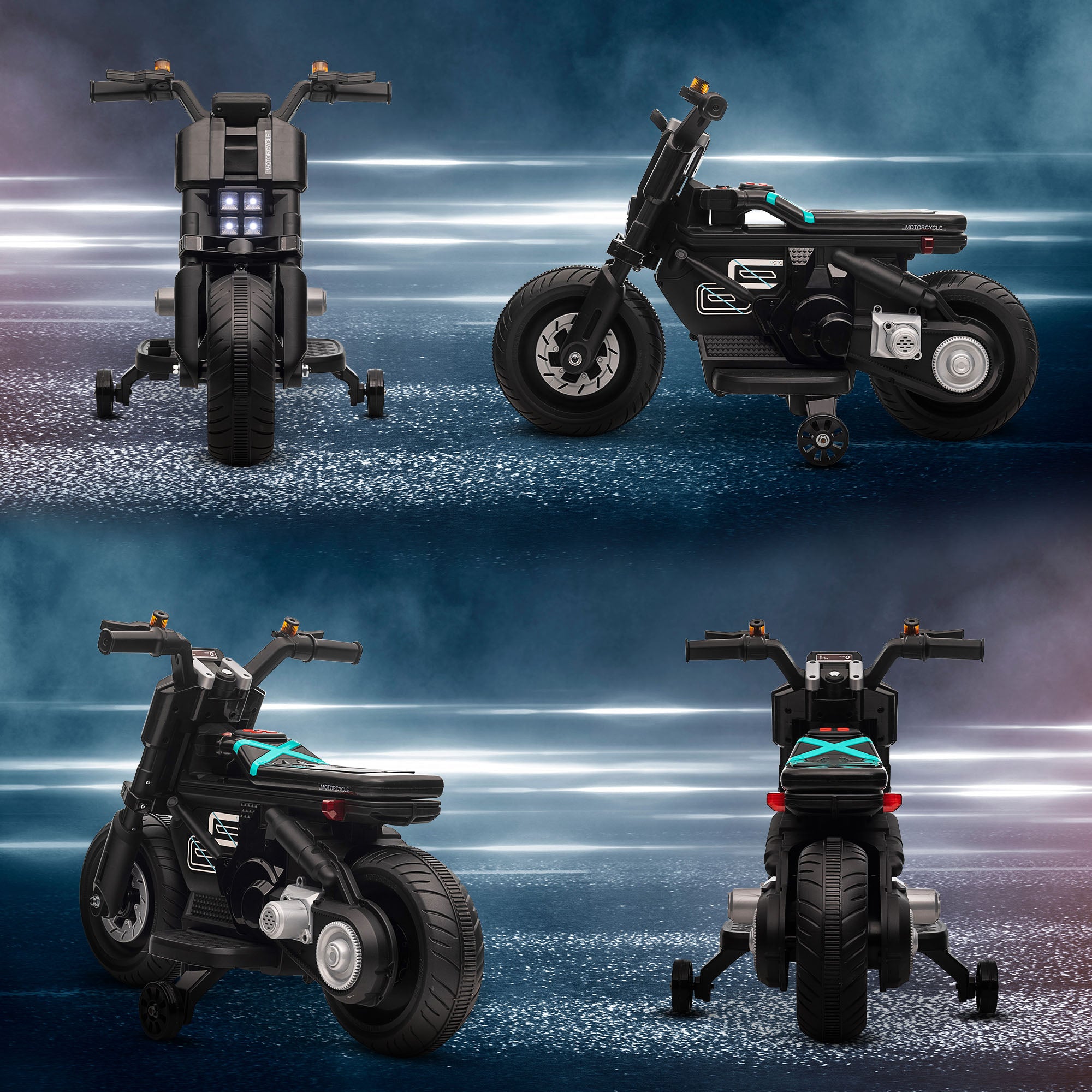 HOMCOM Kids Electric Motorbike with Siren, Horn, Headlights, Music, Training Wheels, for Ages 3-5 Years - Black - North Peak Garden Furniture