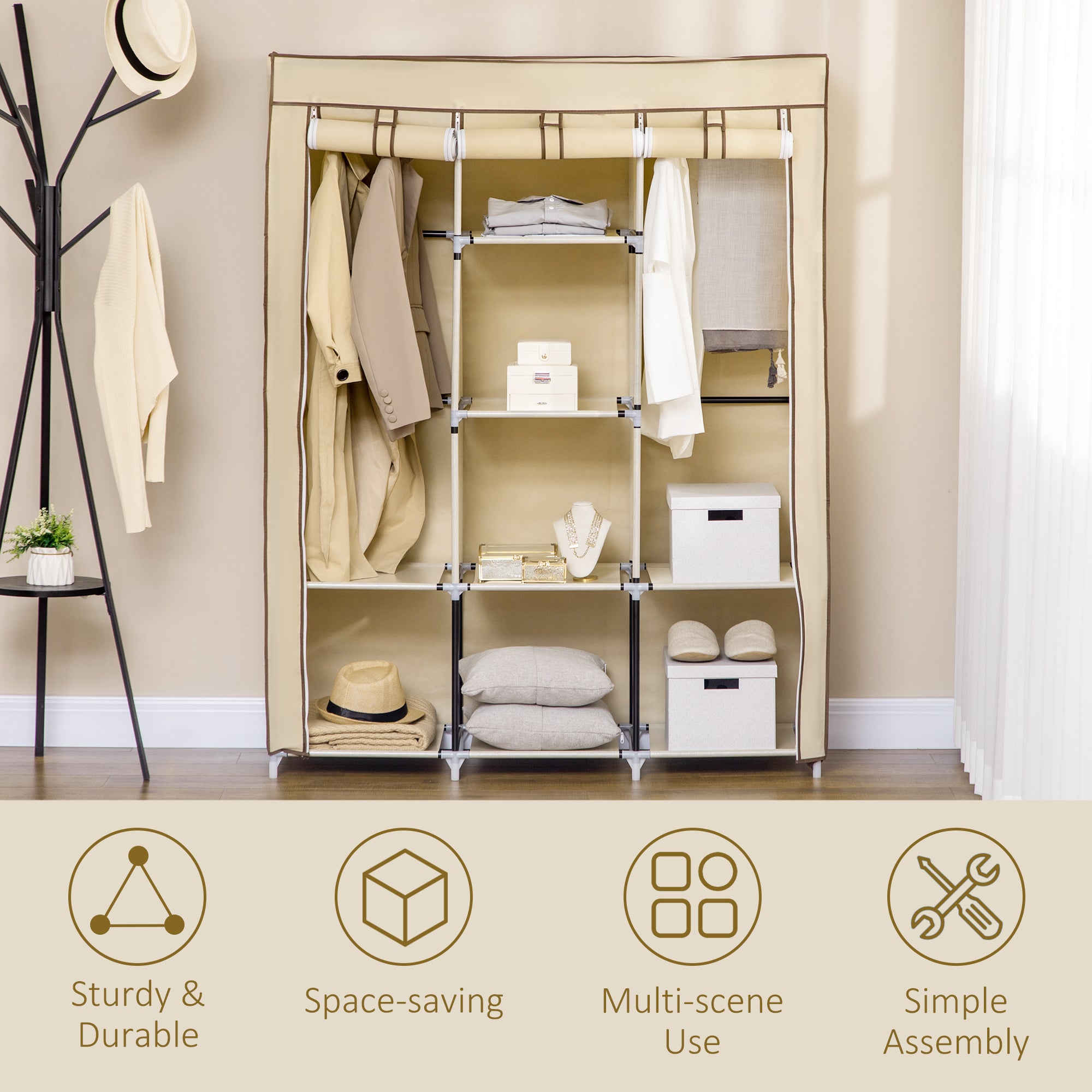 HOMCOM Fabric Wardrobe, Portable Wardrobe, Clothes Storage Unit with 8 Shelves, 2 Hanging Rods, 125 x 43 x 162.5 cm, Beige - North Peak Garden Furniture