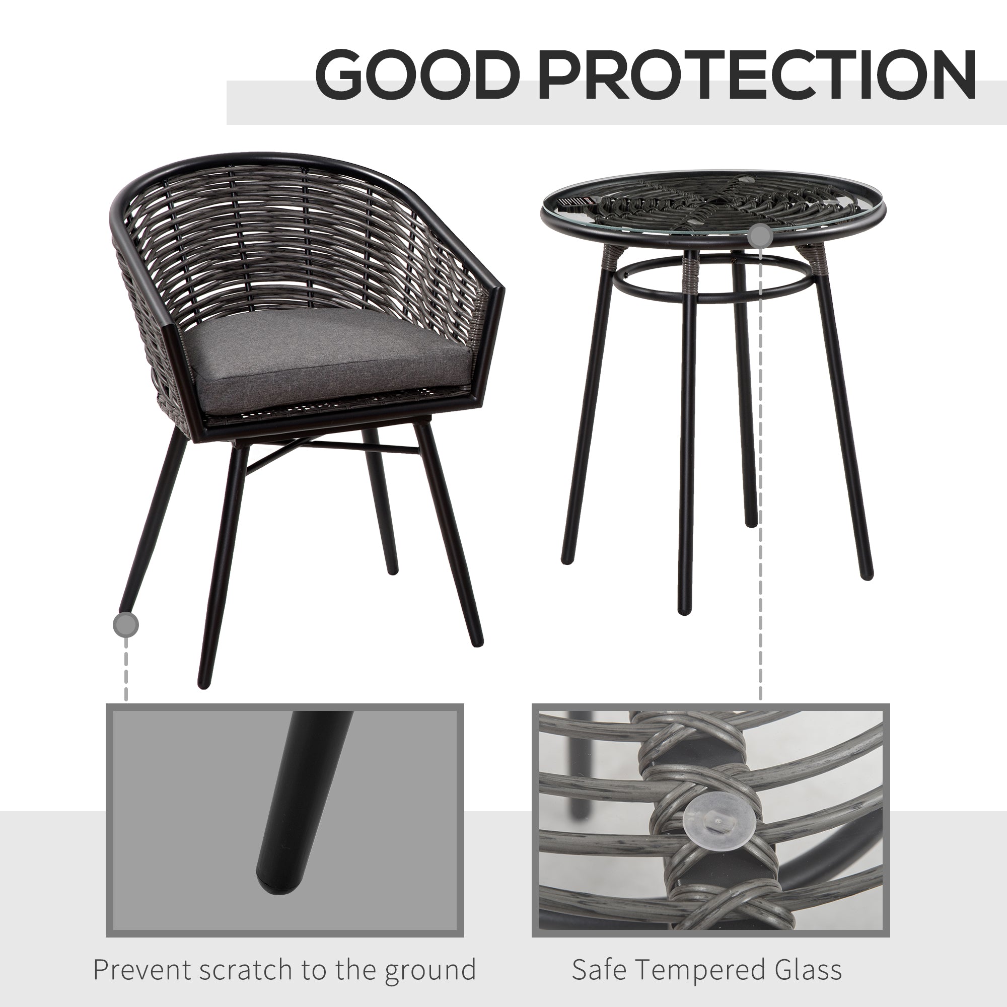 Outsunny 3 Pieces Rattan Bistro Set, Wicker Garden Furniture Set with Round Glass Top Coffee Table and Chairs, Washable Cushions for Outdoor, Patio, Balcony, Grey - North Peak Garden Furniture
