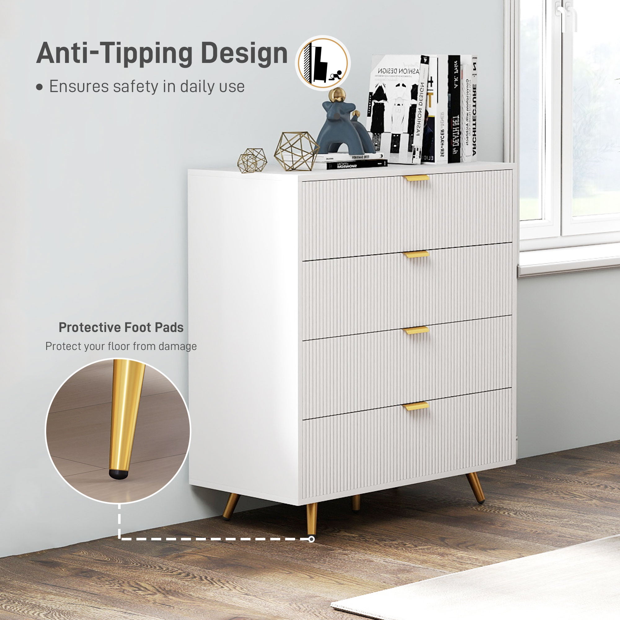 HOMCOM Elegant Four-Drawer Bedside Table - White