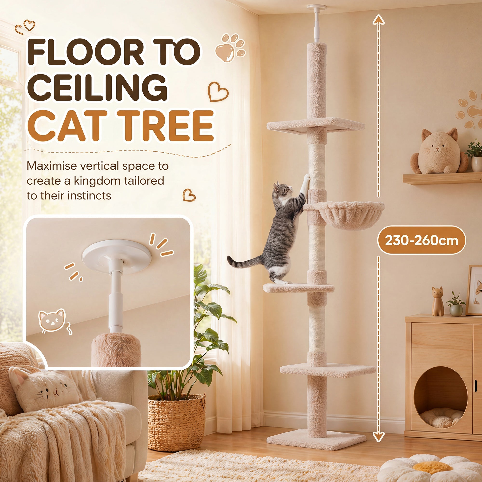 PawHut Floor to Ceiling Cat Tree for Indoor Cats 5-Tier Kitty Tower Climbing Activity Center Scratching Post Adjustable Height 230-260 cm Beige