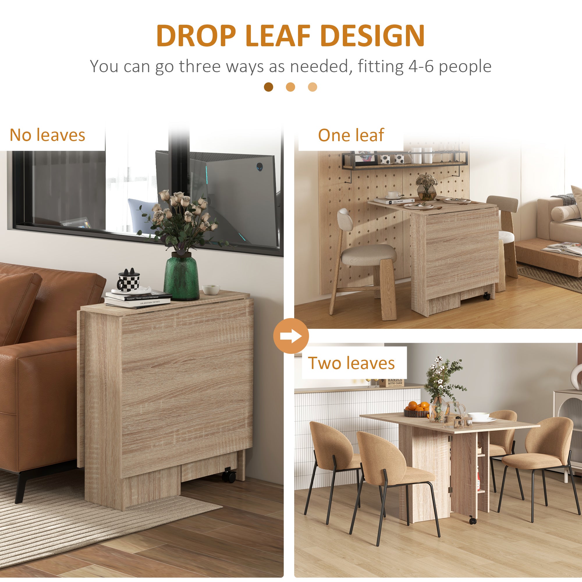 HOMCOM Folding Dining Table, Drop Leaf Table for Small Spaces with 2-tier Shelves, Small Kitchen Table with Rolling Casters, Natural - North Peak Garden Furniture