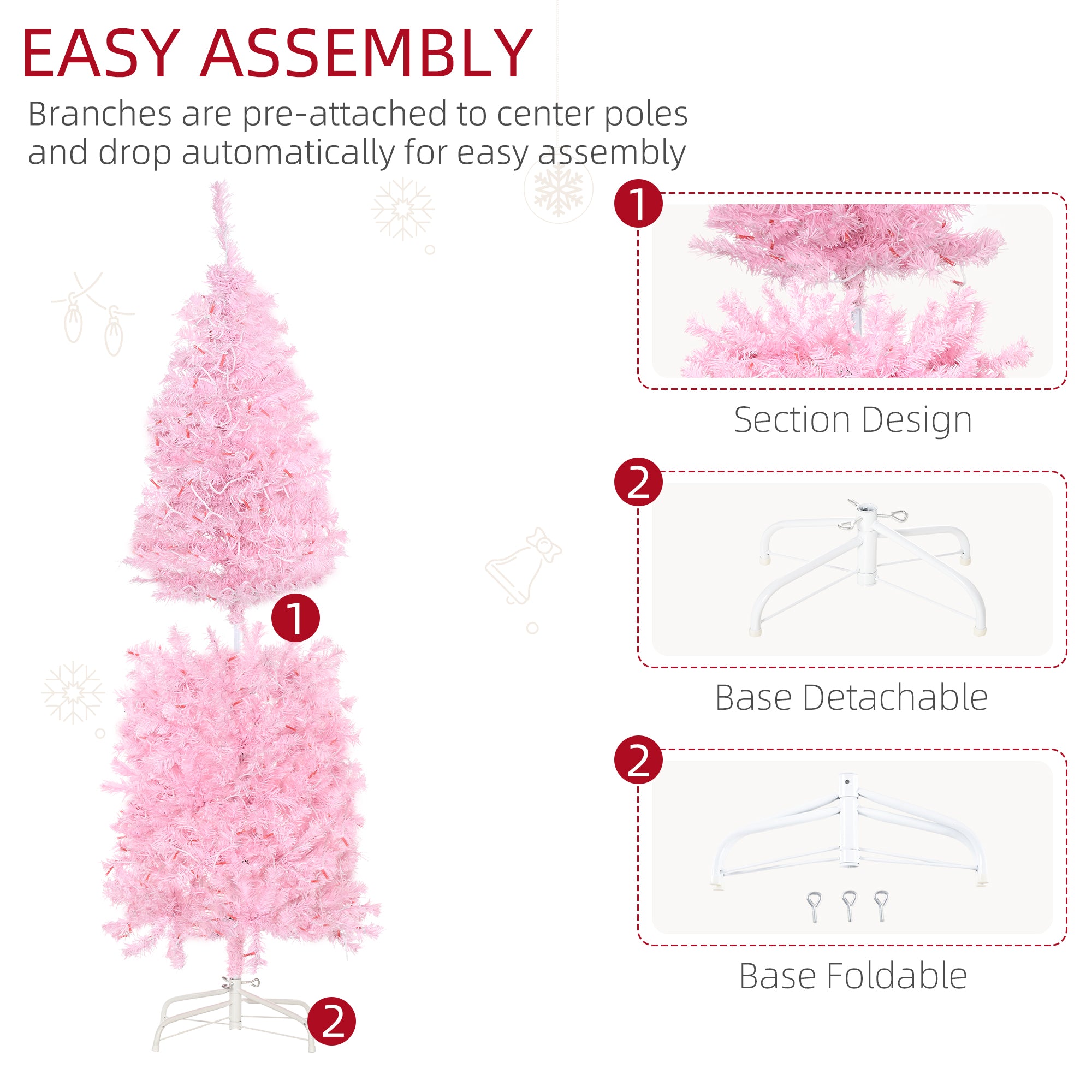 HOMCOM 5FT Tall Prelit Pencil Slim Artificial Christmas Tree with Realistic Branches, Warm White LED Lights and 408 Tips, Xmas Decoration, Pink - North Peak Garden Furniture