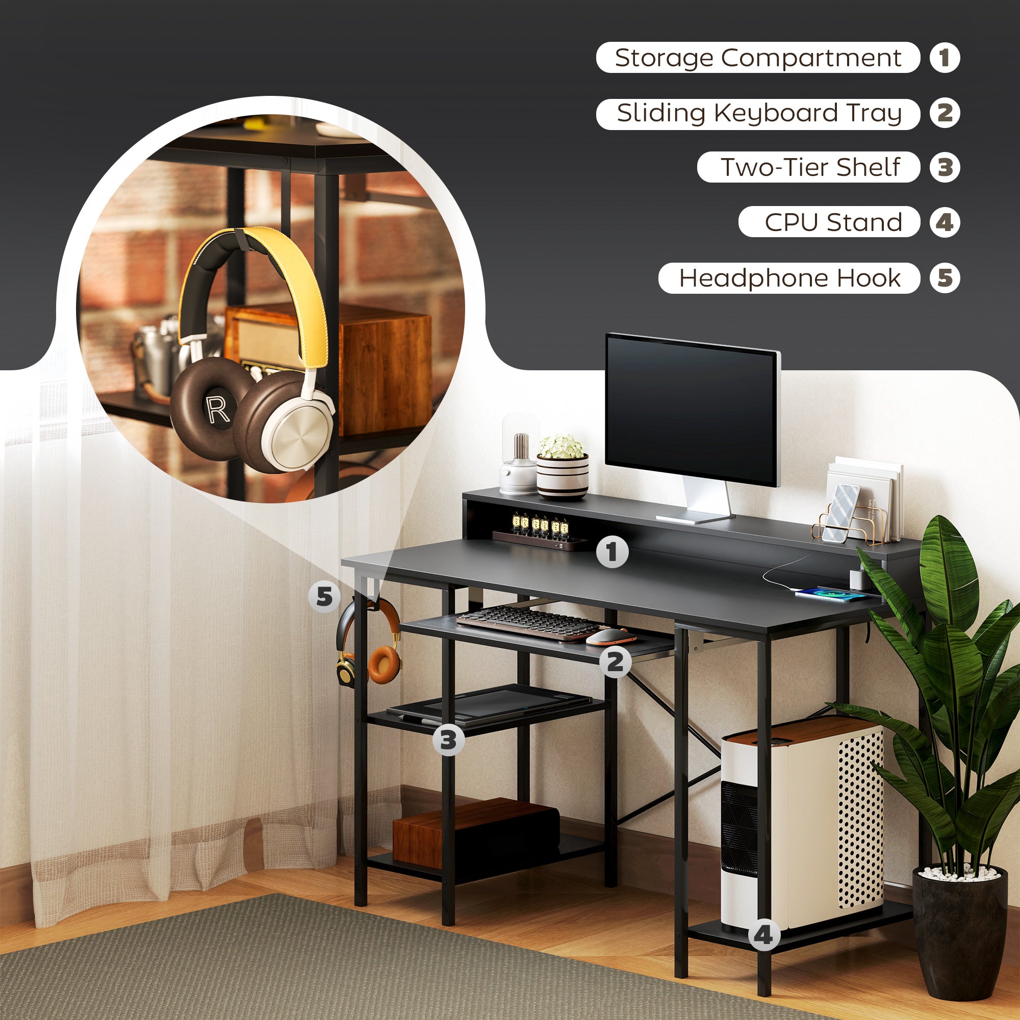 HOMCOM Reversible Computer Desk with LED Lights and Power Outlets, 120 x 55 cm Gaming Desk with Monitor Stand, Sliding Keyboard Tray and Storage Shelves, Industrial Home Office Desk, Black - North Peak Garden Furniture