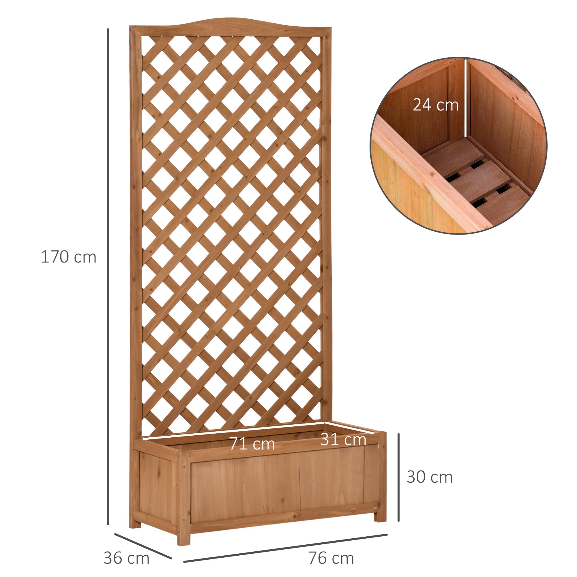 Outsunny 53L Garden Wooden Planter Box with Trellis Free Standing Flower Raised Bed with Lattice for Climbing Plants, 76cm x 36cm x 170cm, Brown