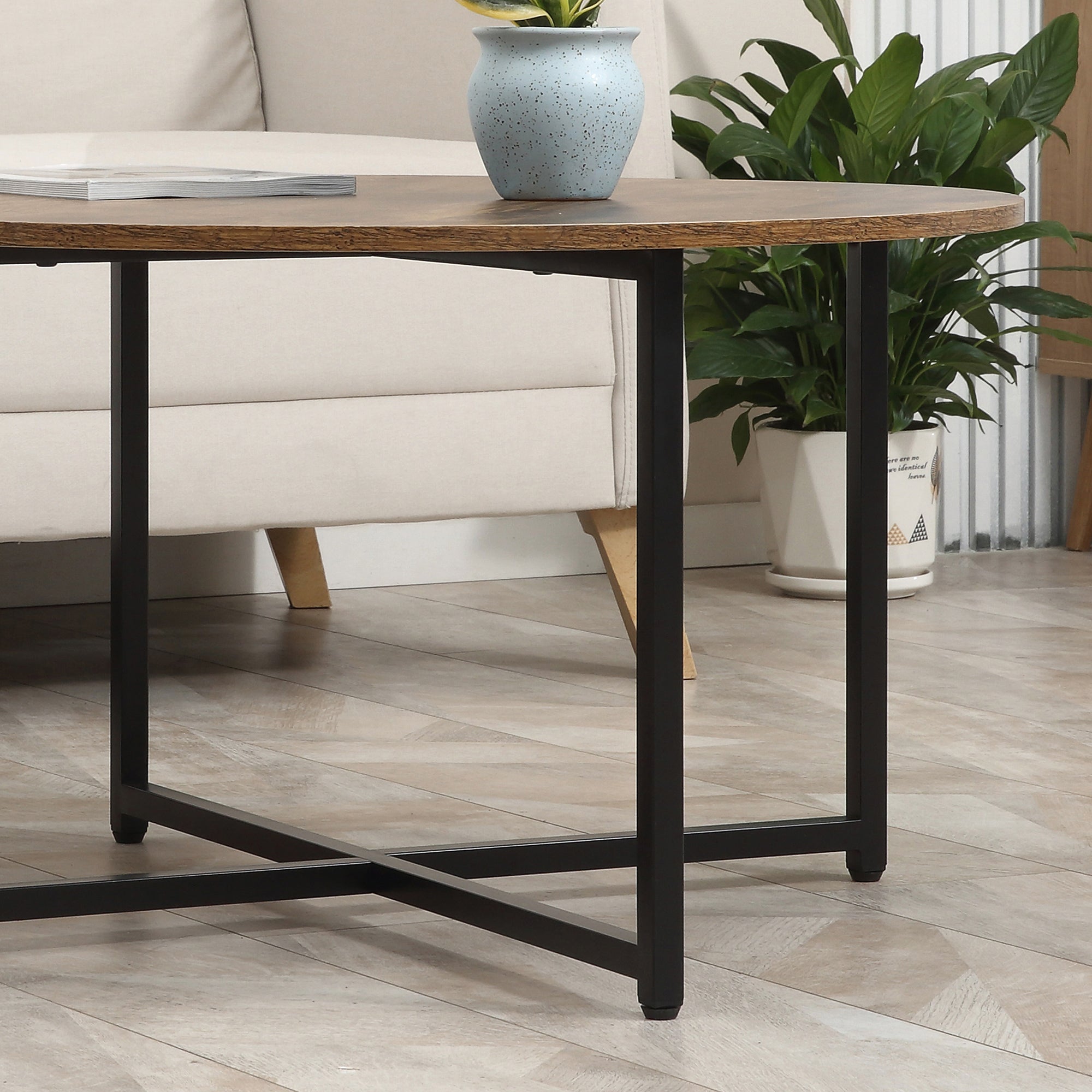 HOMCOM Round Coffee Table, Set of 2 Side Table with Metal Frame, Industrial End Table for Living Room Bedroom, Rustic Brown - North Peak Garden Furniture