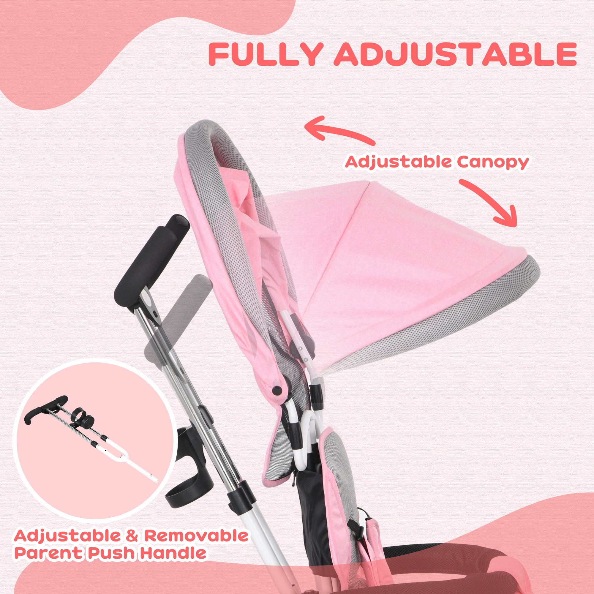 HOMCOM 6 in 1 Kids Trike Push Bike w/ Push Handle, Canopy, 5-point Safety Belt, Storage, Footrest, Brake, for 1-5 Years, Pink