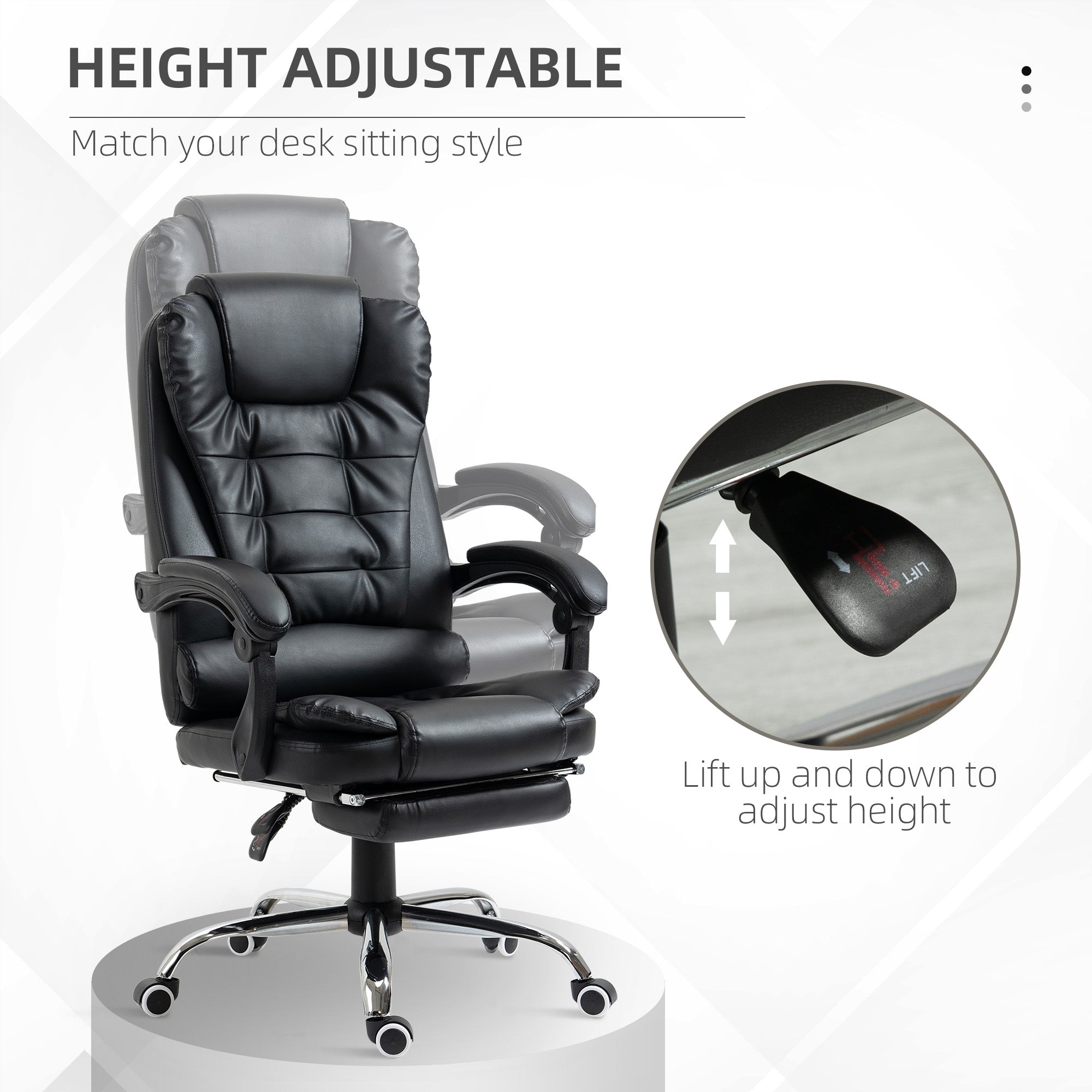 HOMCOM Executive Office Chair, PU Leather Home Office Chair with Swivel Wheels, Reclining Backrest, Retractable Footrest, Black - North Peak Garden Furniture