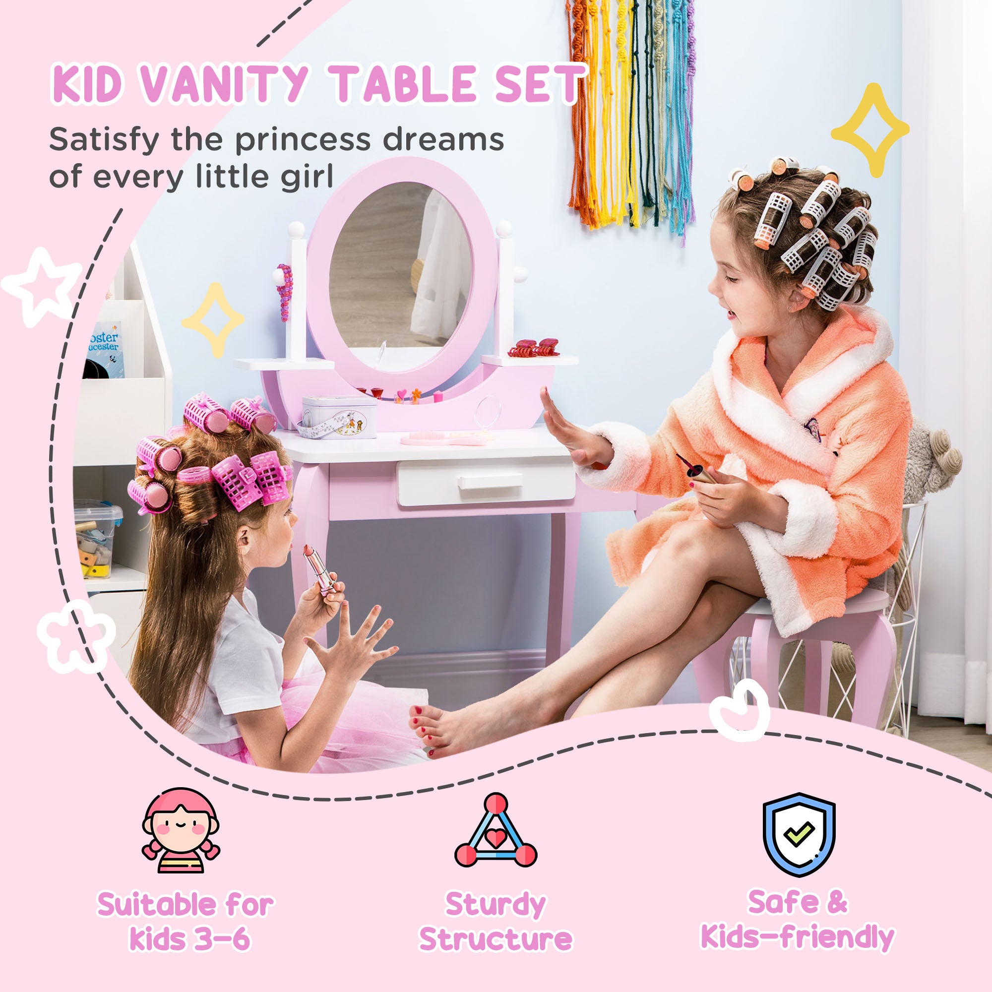 ZONEKIZ Kids Dressing Table Set, with Mirror, Stool, for Ages 3-6 Years - Pink - North Peak Garden Furniture