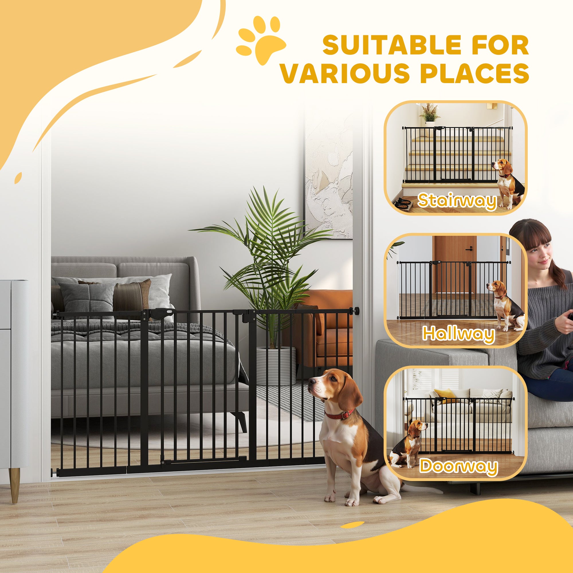 PawHut Dog Gate Stair Gate Pressure Fit Pets Barrier Auto Close for Doorway Hallway, 74-148cm Wide Adjustable, Black - North Peak Garden Furniture