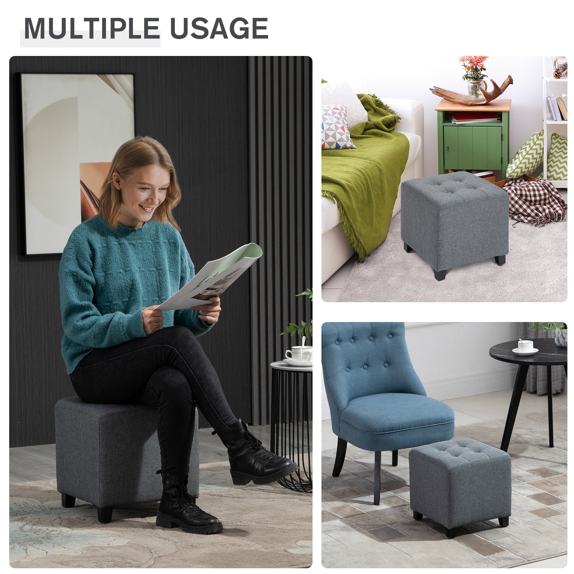HOMCOM Linen-Look Square Ottoman Footstool w/ Button Tufts Wood Frame Padding Fabric Upholstered Stylish Home Furniture Footrest Side Table Grey - North Peak Garden Furniture