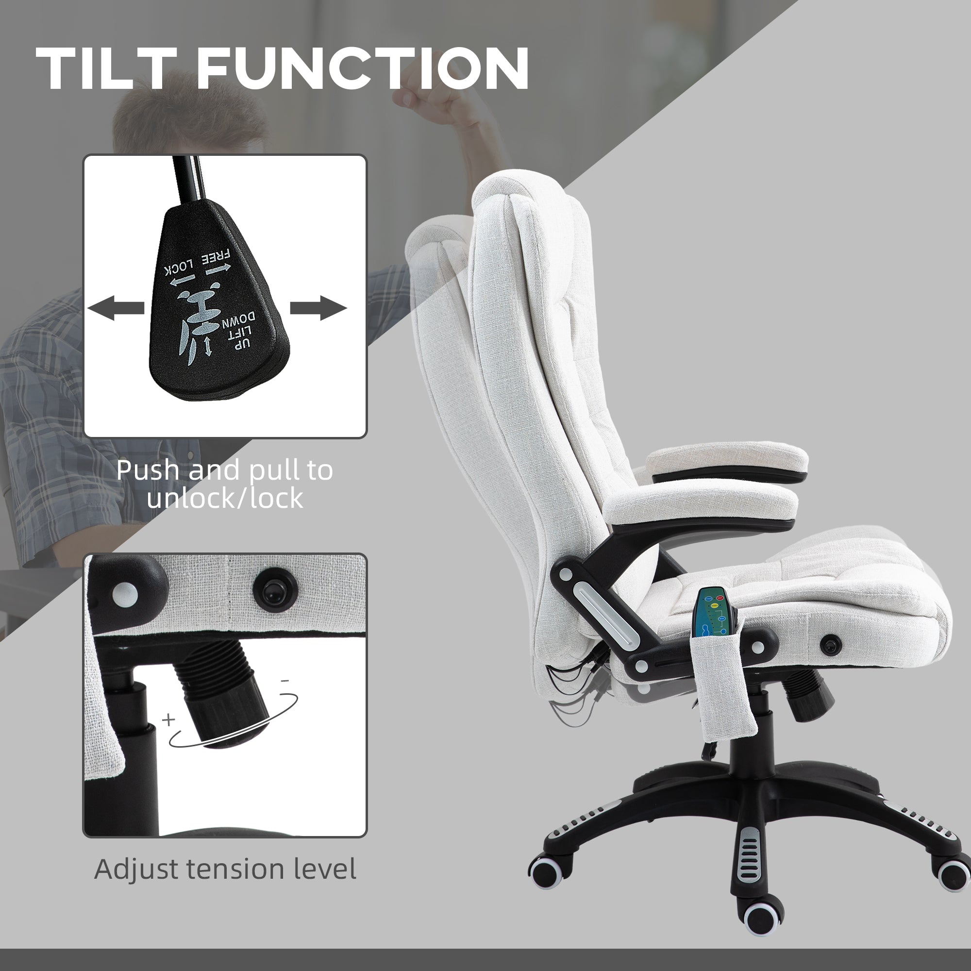 Vinsetto Massage Recliner Chair Heated Office Chair with Six Massage Points Linen-Feel Fabric 360° Swivel Wheels Cream White - North Peak Garden Furniture