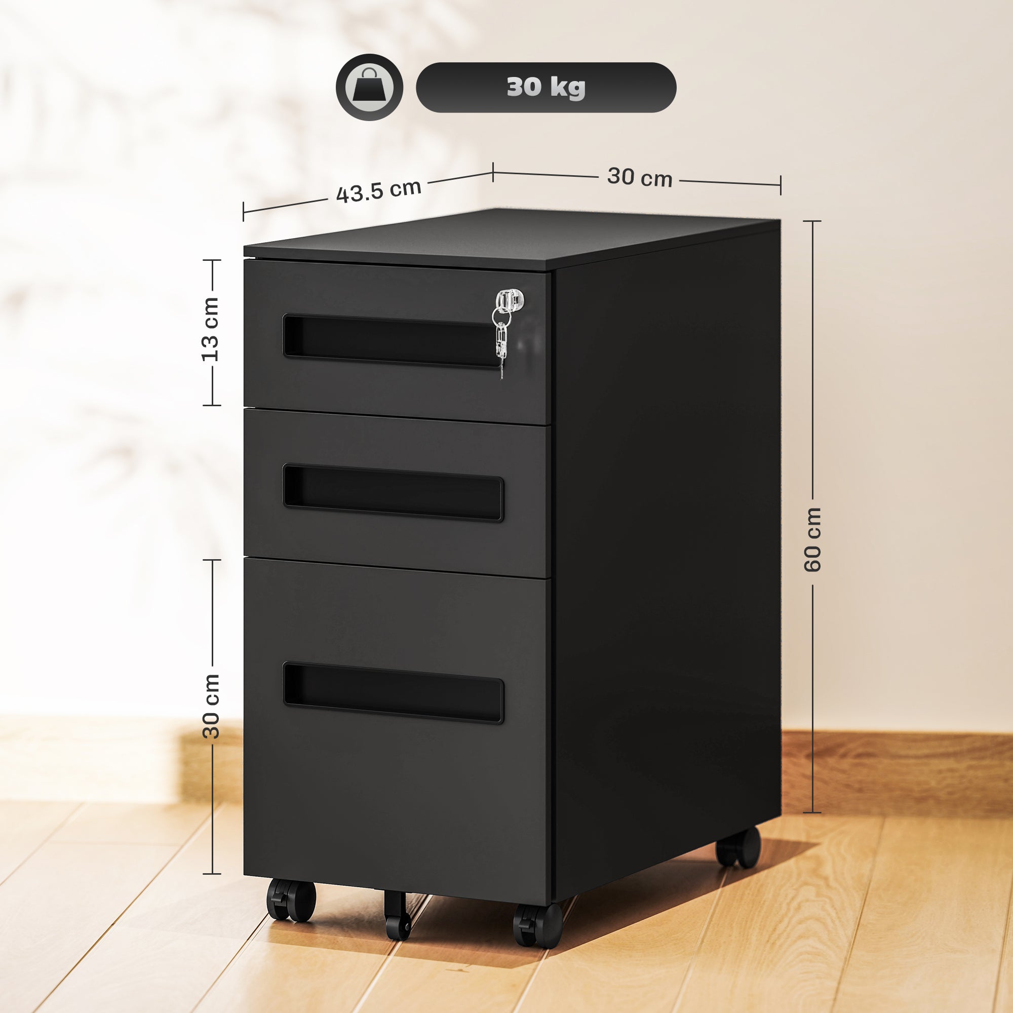 Vinsetto Metal Mobile File Cabinet with Wheels, Lockable 3 Drawer Filing Cabinet for A4, Legal, Letter, Compact Under Desk Storage Unit with Pre-Assembled Body for Home Office, 30 x 43.5 x 60cm, Black - North Peak Garden Furniture