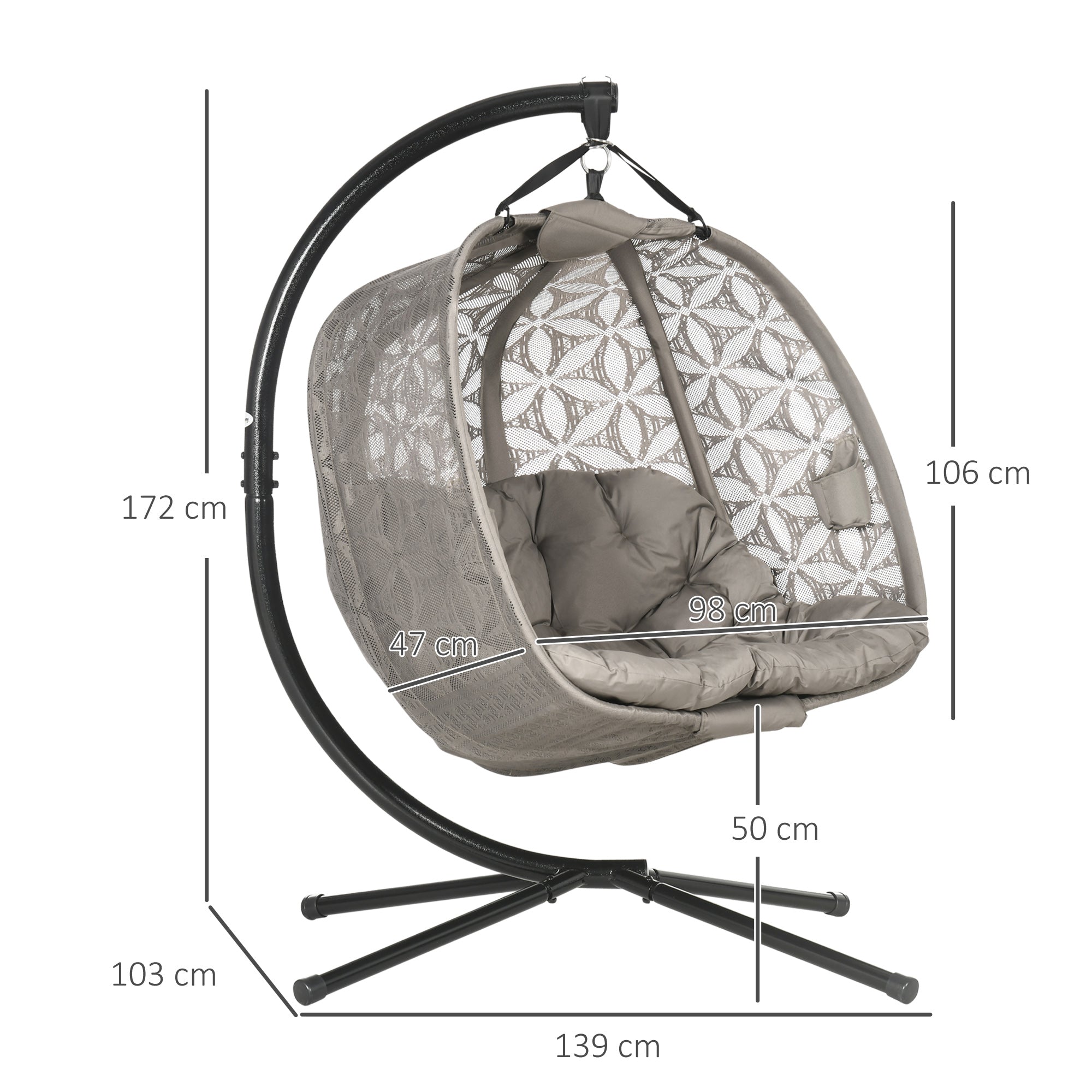 Outsunny Outdoor Double Hanging Chair, Swing Chair with Metal Stand, Thick Padded Cushion, Foldable Basket and Cup Holders, for Indoor and Outdoor, Sand Brown - North Peak Garden Furniture