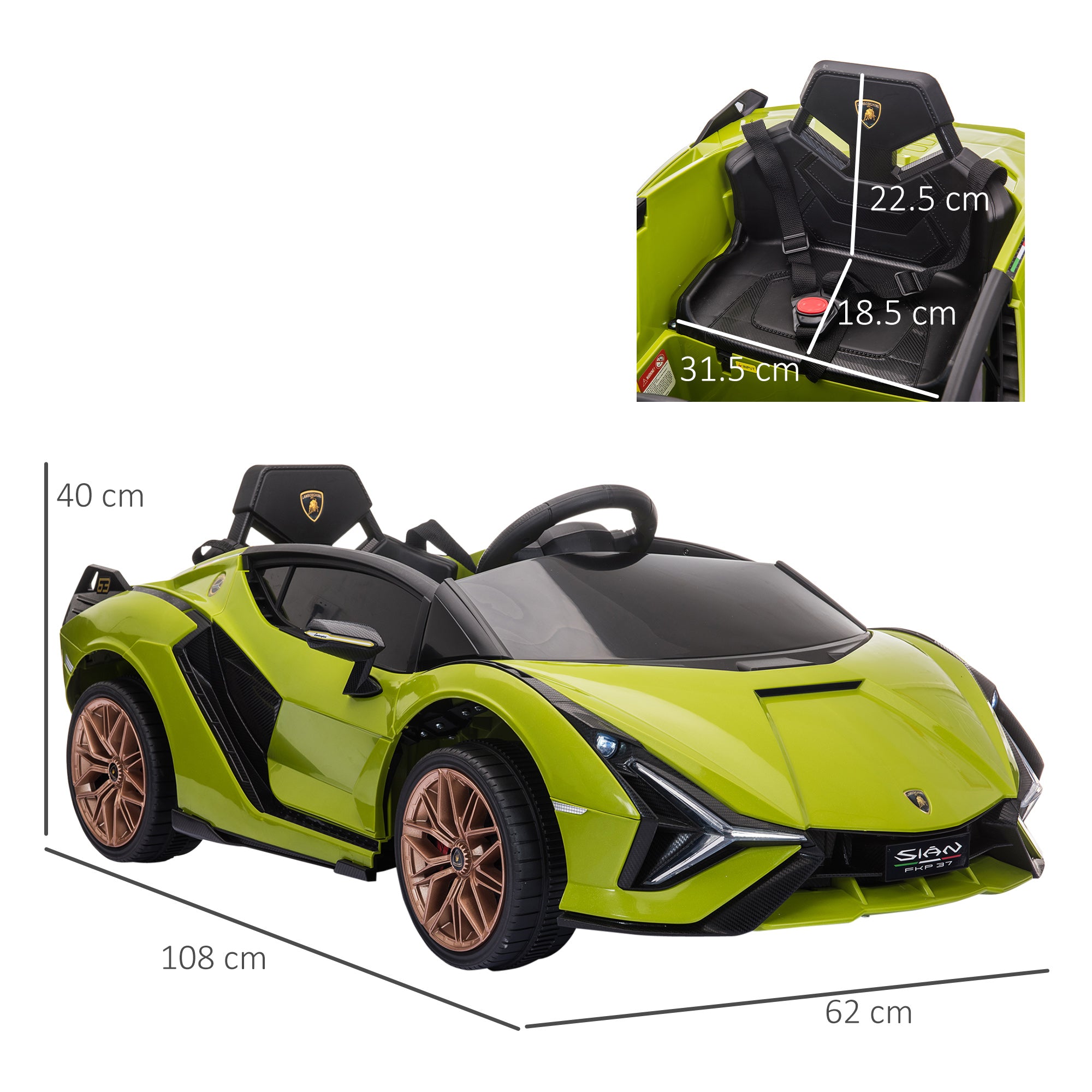 HOMCOM Lamborghini Sian Licensed 12V Kids Electric Ride On Car 2 Motors Toy Car with Remote Control Music Lights MP3 for 3-5 Years Green - North Peak Garden Furniture