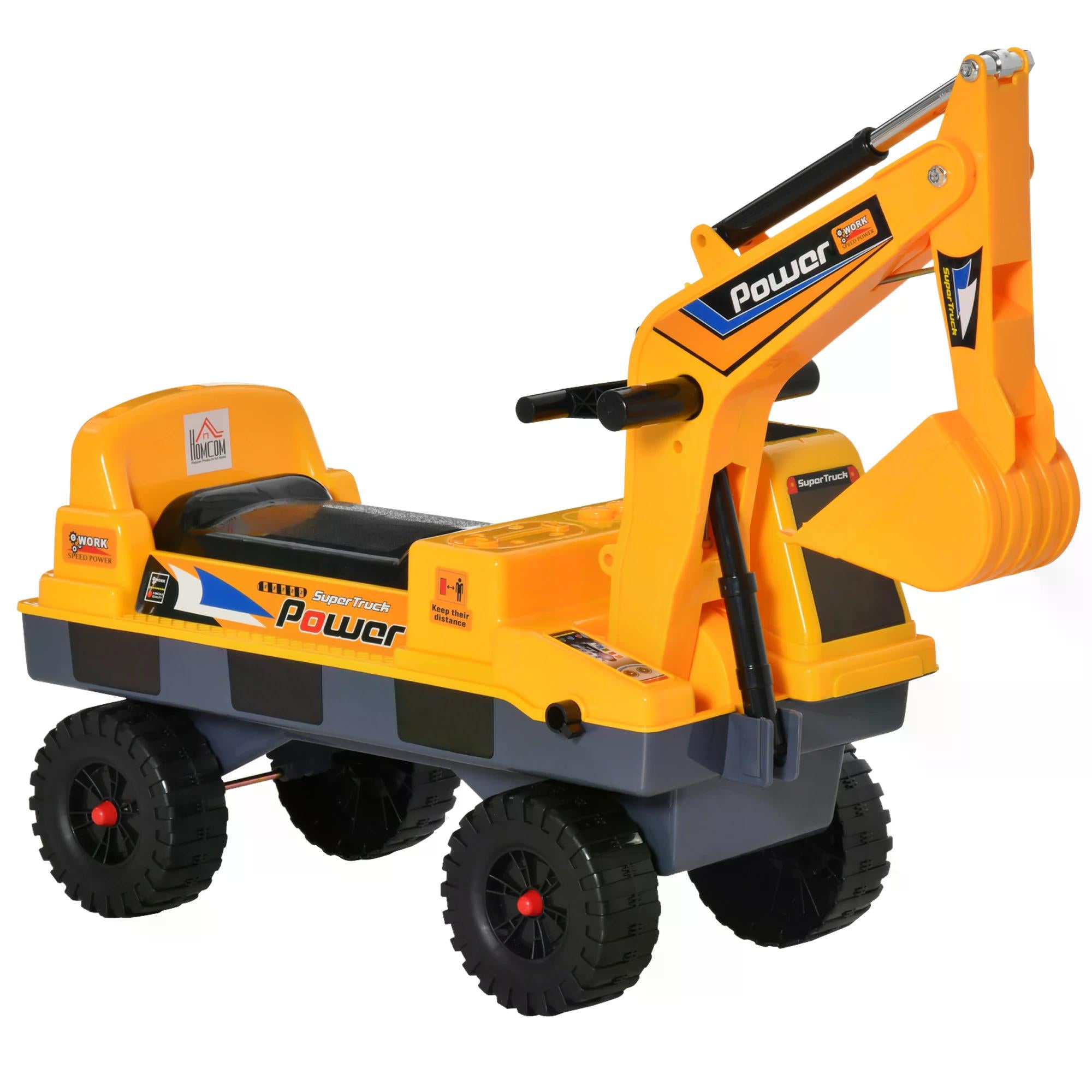 HOMCOM 2 in 1 Ride on Excavator Digger No Power Detachable Digging Bucket and Grab Bucket Music Light for 2-3 Years Old