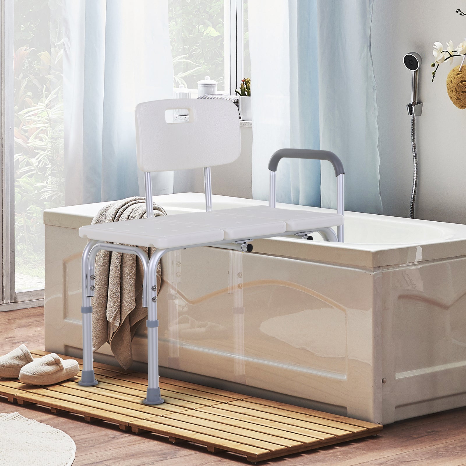 HOMCOM Height Adjustable Shower Chair, Non Slip Bath Transfer Bench for Elderly, Disabled with Armrest and Backrest, 300 lbs Capacity, White - North Peak Garden Furniture