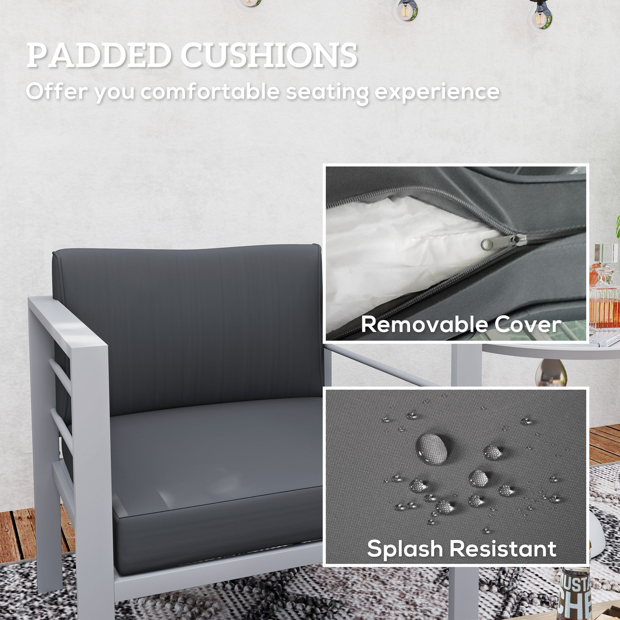 Outsunny Garden Sofa, All-Weather Garden Single Sofa with Removable Cushions, Metal Frame Outdoor Furniture for Balcony, Charcoal Grey - North Peak Garden Furniture