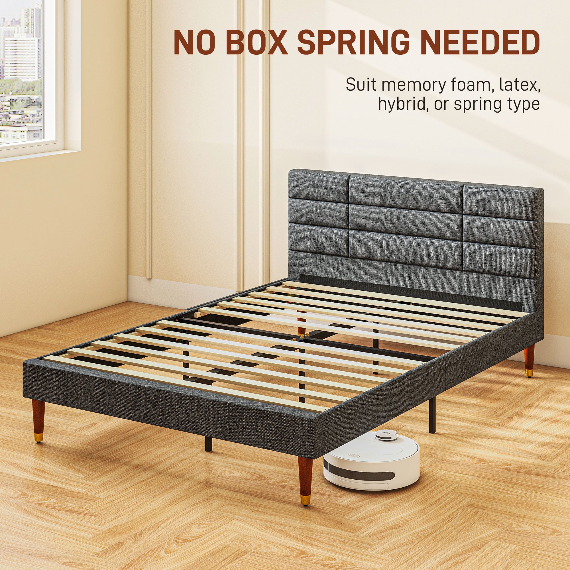 HOMCOM Upholstered Double Bed Frame, with Slats - Grey - North Peak Garden Furniture