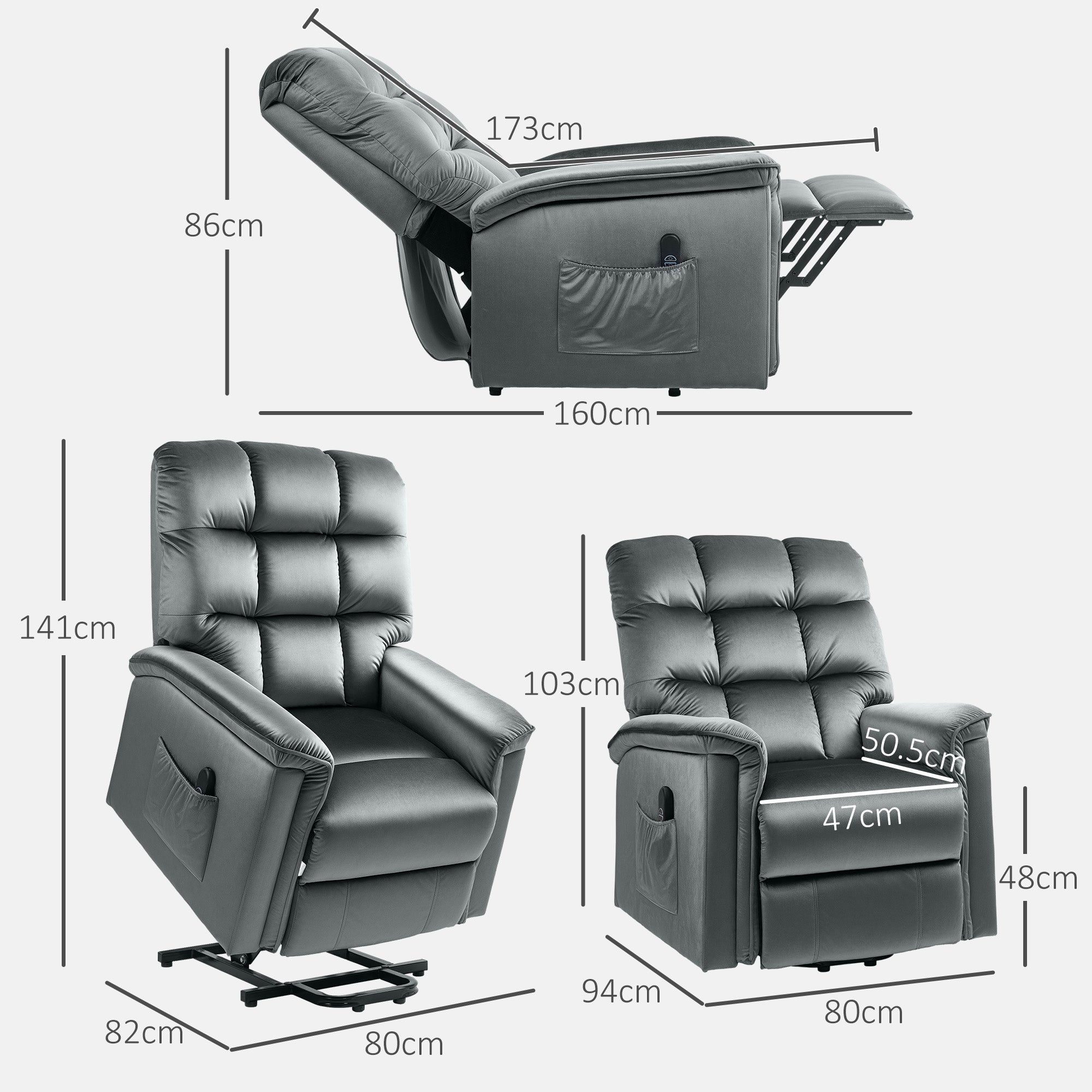 HOMCOM Velvet-Feel Electric Lift Recliner Chair - Dark Grey - North Peak Garden Furniture