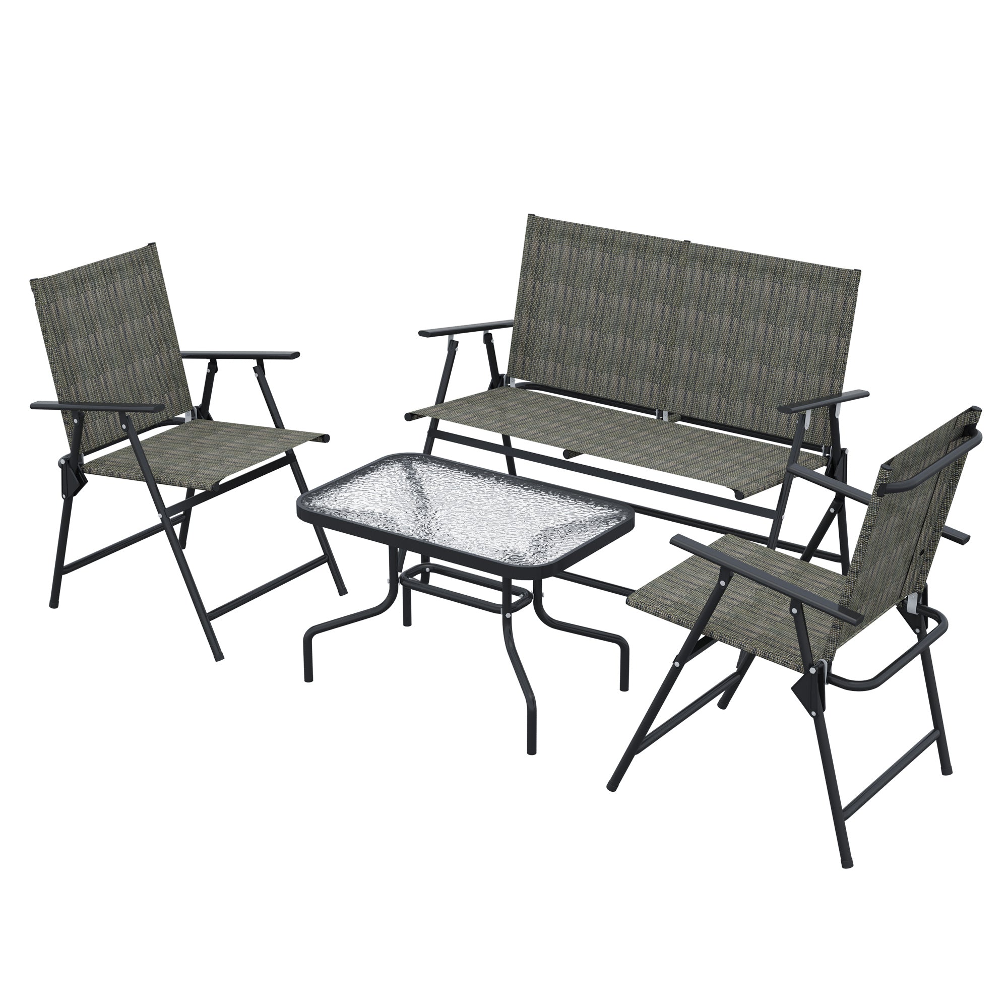 Outsunny Outdoor 4 Pieces Patio Furniture Set with Breathable Mesh Fabric Seat & Backrest, Garden Set with Two Foldable Armchairs, a Loveseat & Glass Top Table, Mixed Brown