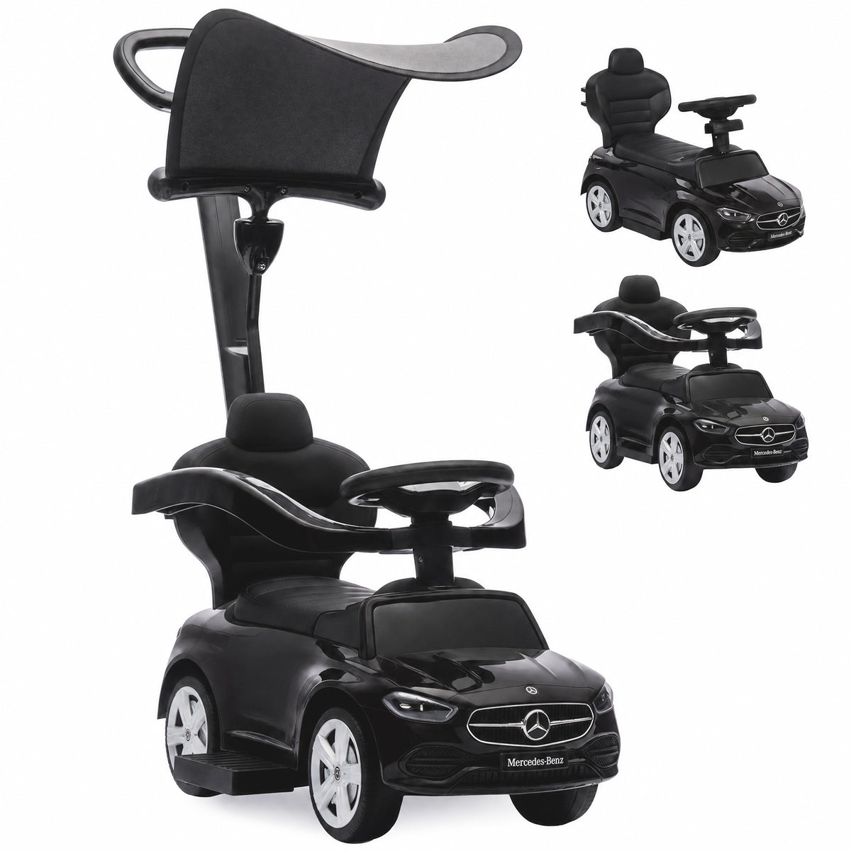 AIYAPLAY 3 in 1 Licensed Benz Ride on Push Car with Handle, Canopy, Guardrails, Horn, Music, Storage for 12-36 Months, Black