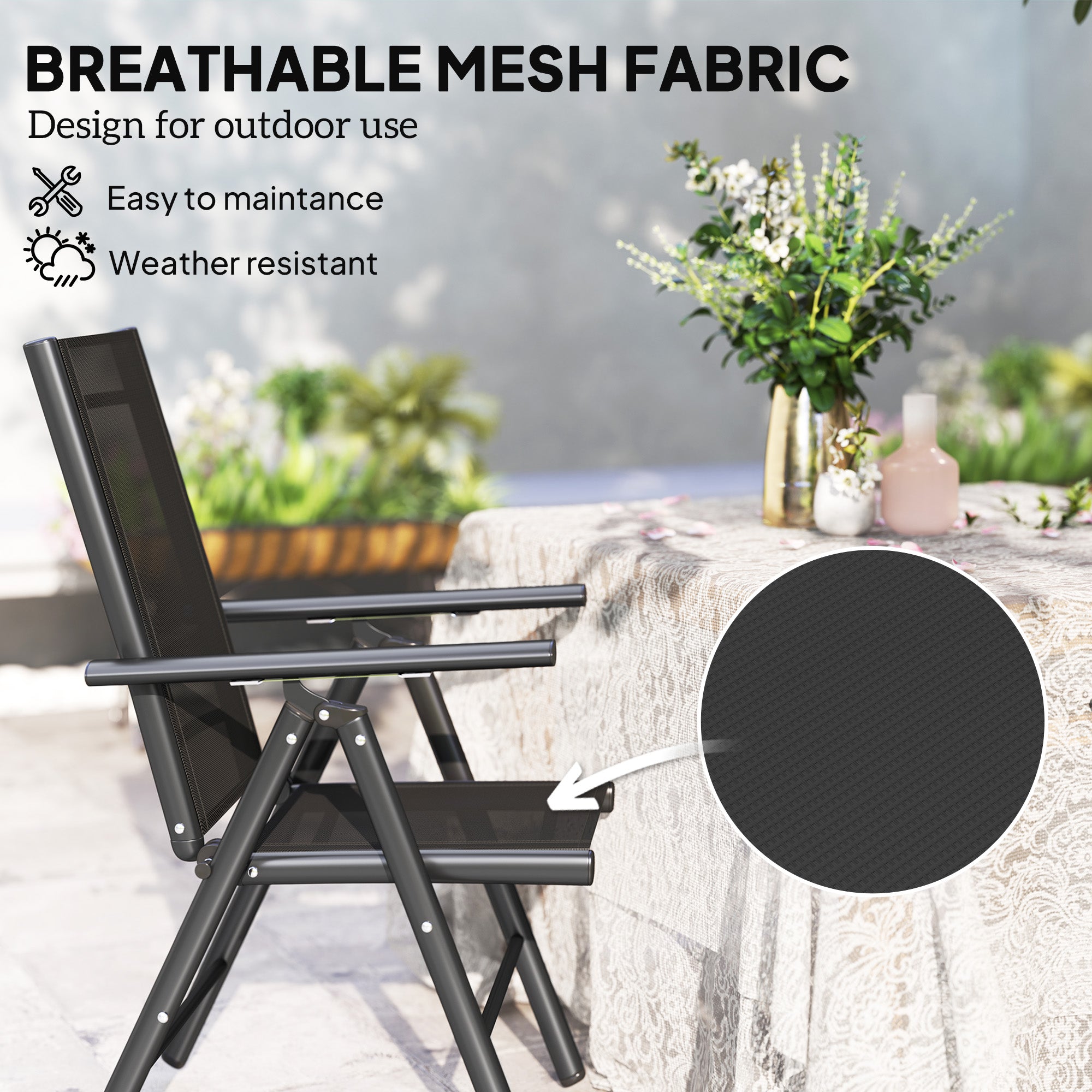 Outsunny Set of 2 Folding Chair, Aluminium Frame Outdoor Camping Chairs with Breathable Mesh Back and Seat, Garden Chair Set with Armrests for Balcony, Black - North Peak Garden Furniture