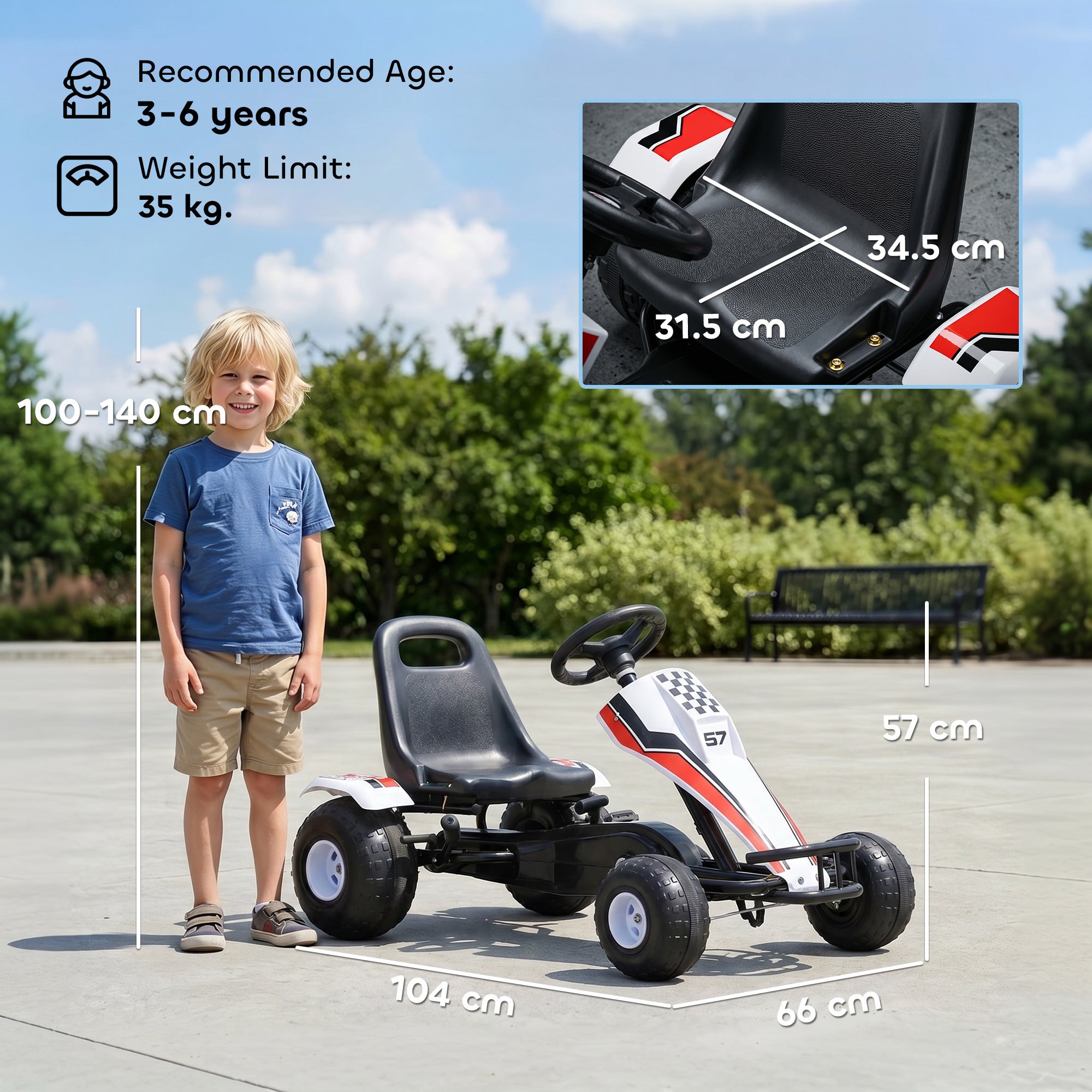 HOMCOM Kids Children Pedal Go Kart Manual Ride On Car w/ Brake Gears Steering Wheel Adjustable Seat 4 Smooth Wheels Racing-Style White 104 x 66 x 57 cm