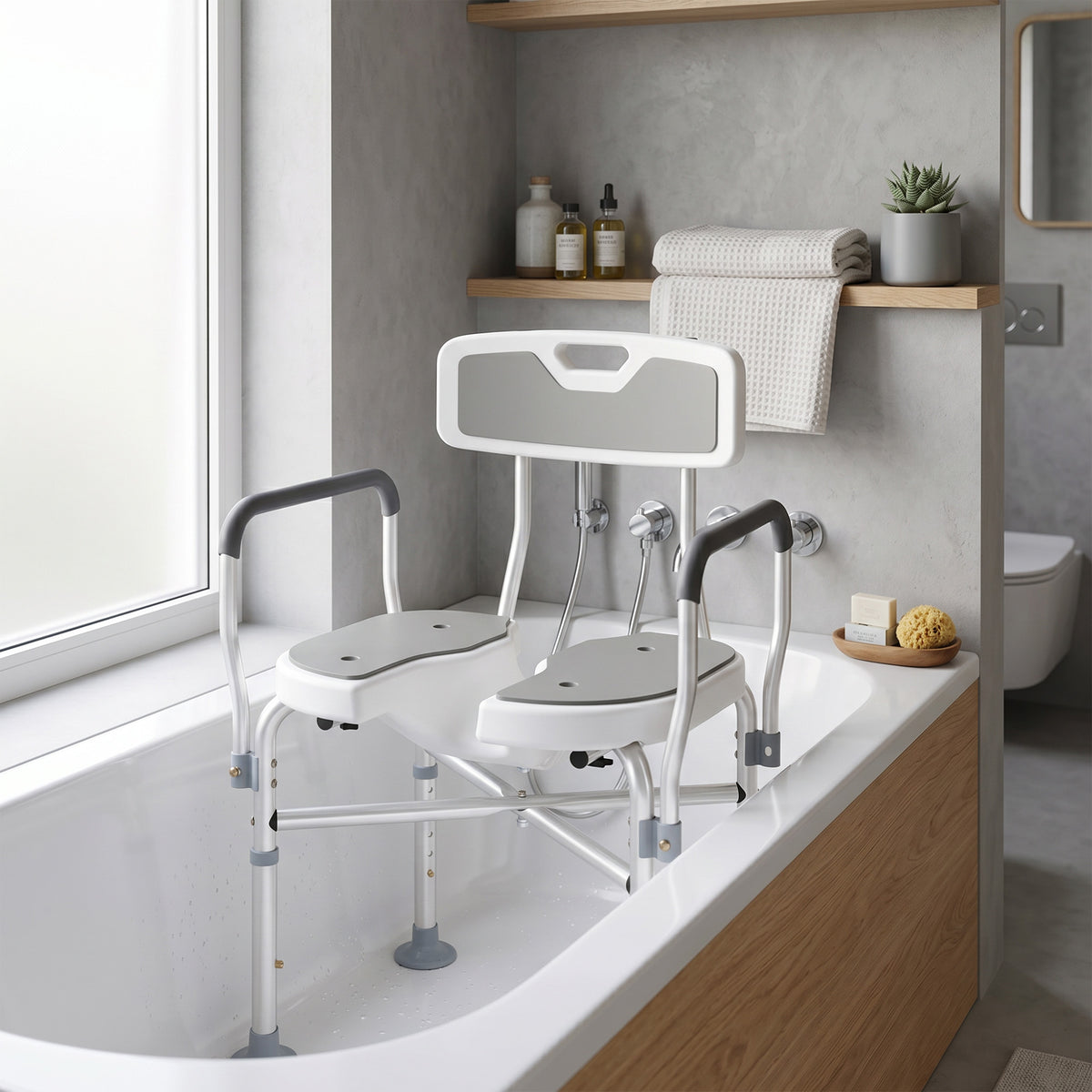 HOMCOM Shower Chair with Hygiene Cut-Out Seat and Reinforced Crossbars, Height Adjustable Padded Bath Chair with Non-slip Feet for Elderly Seniors Disabled Handicap, Tool-Free Assembly, Grey