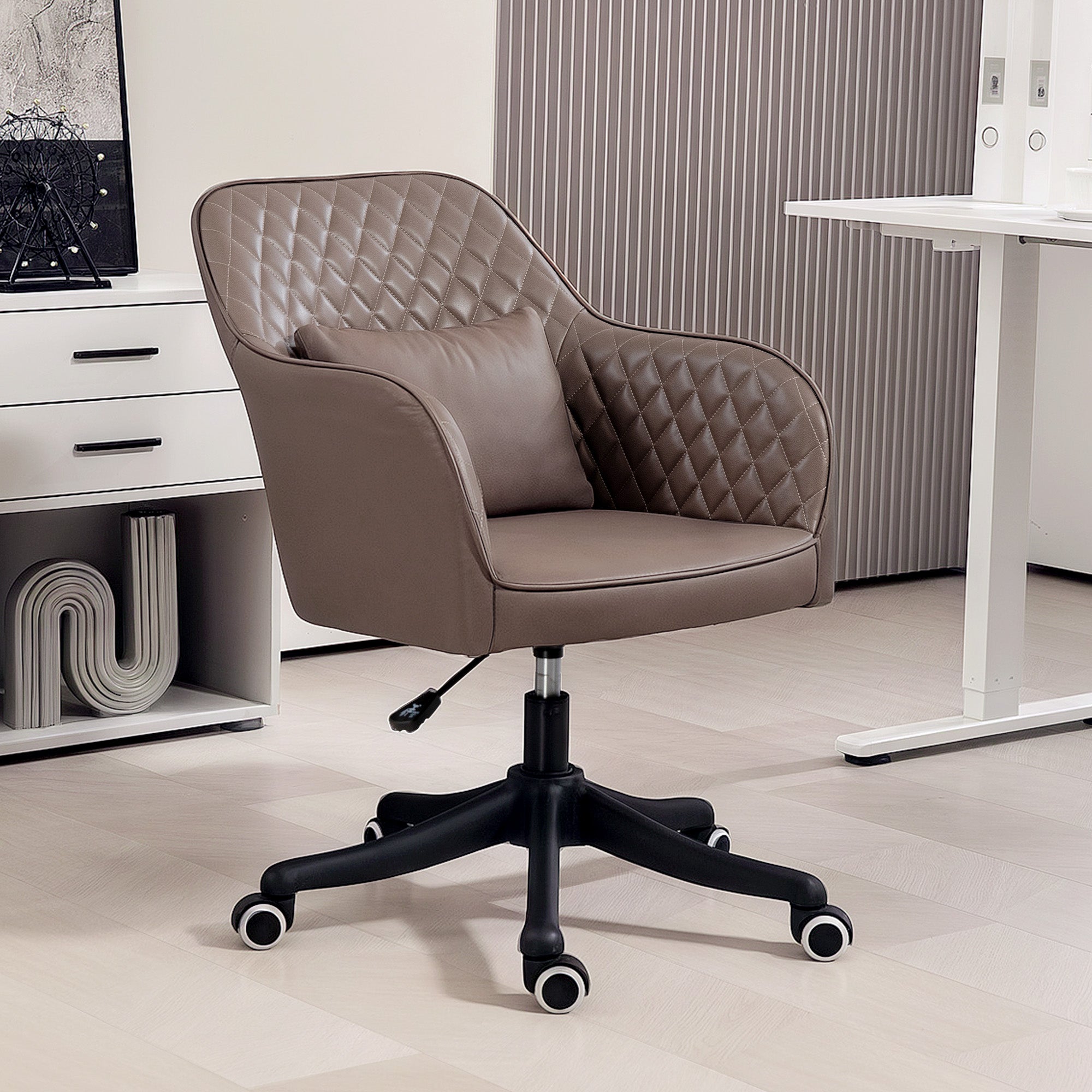 Vinsetto Microfiber Office Chair, Desk Chair, Makeup Vanity Chair with Massage Lumbar Pillow and Rolling Wheels for Bedroom and Home, Brown - North Peak Garden Furniture