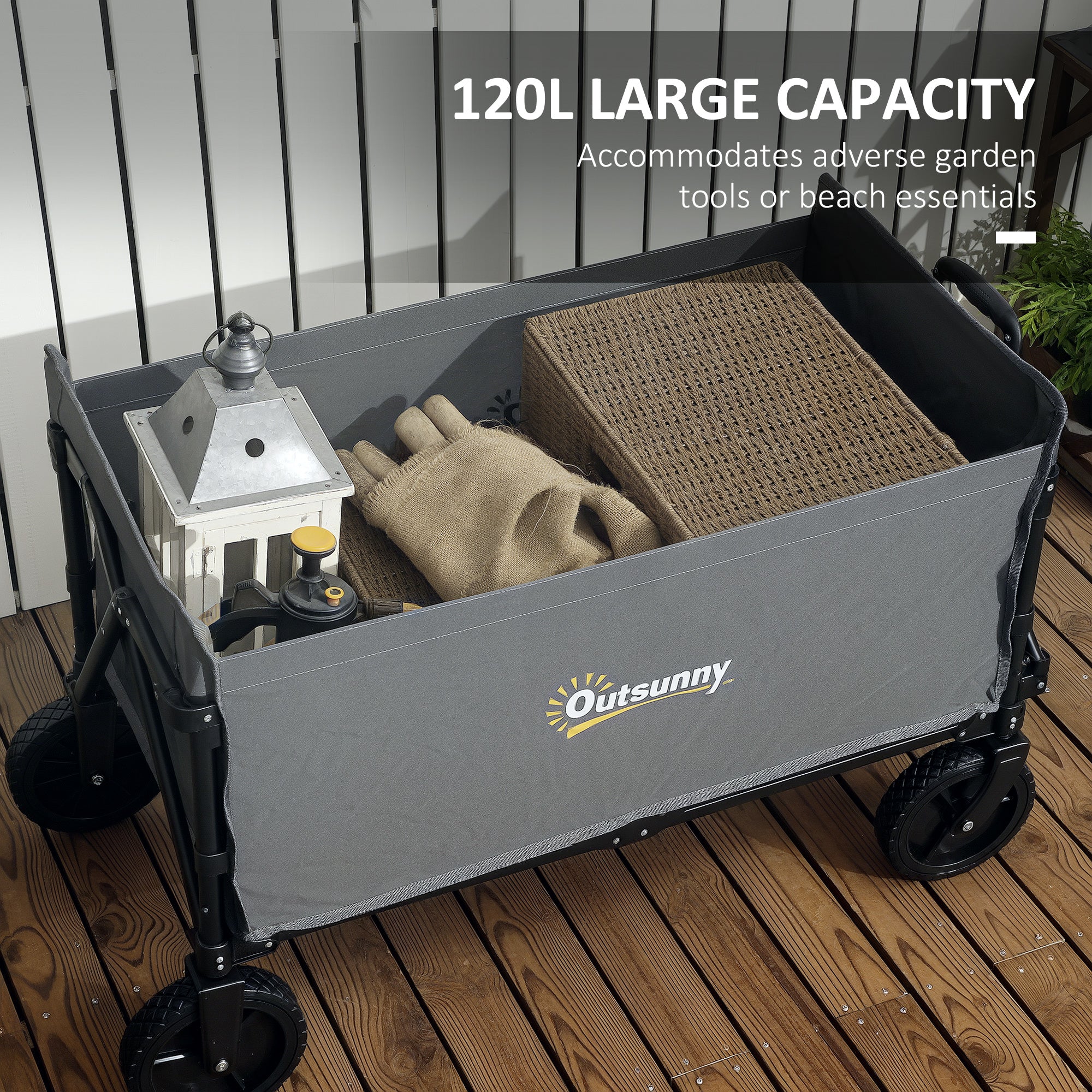 Outsunny 120L Folding Garden Trolley Cart, Outdoor Collapsible Wagon with Wheels and Adjustable Handle for Beach, Camping, Festival, Grey - North Peak Garden Furniture